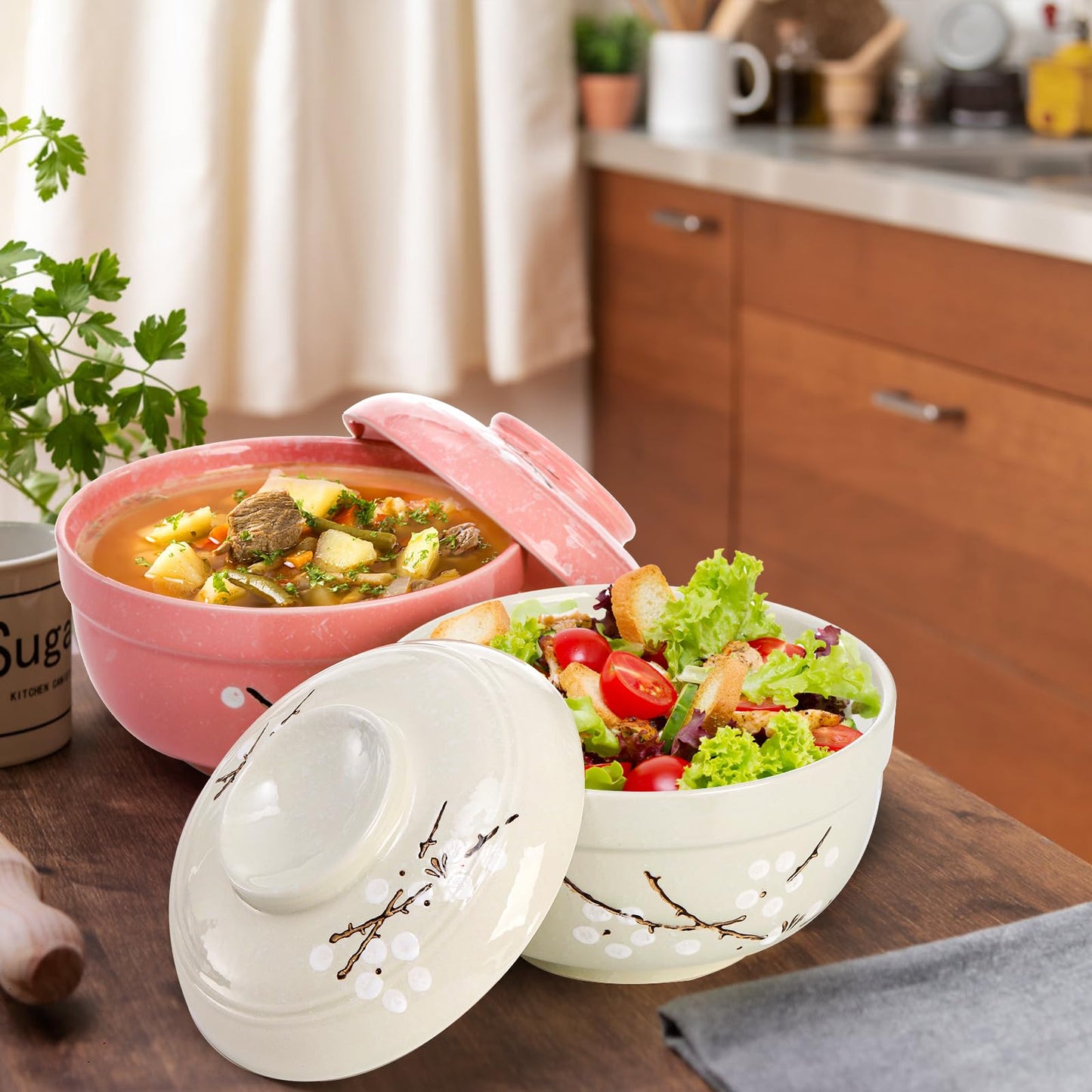 Goaste 2 Pack Ceramic Ramen Noodle Bowl, 27 OZ Big Ramen Bowl with Lid, Japanese Hand-Painted Ceramic Tableware, Durable Floral Soup Bowl for Noodles, Porridge, Rice, Dishwasher Safe(Pink, Cyan Blue)