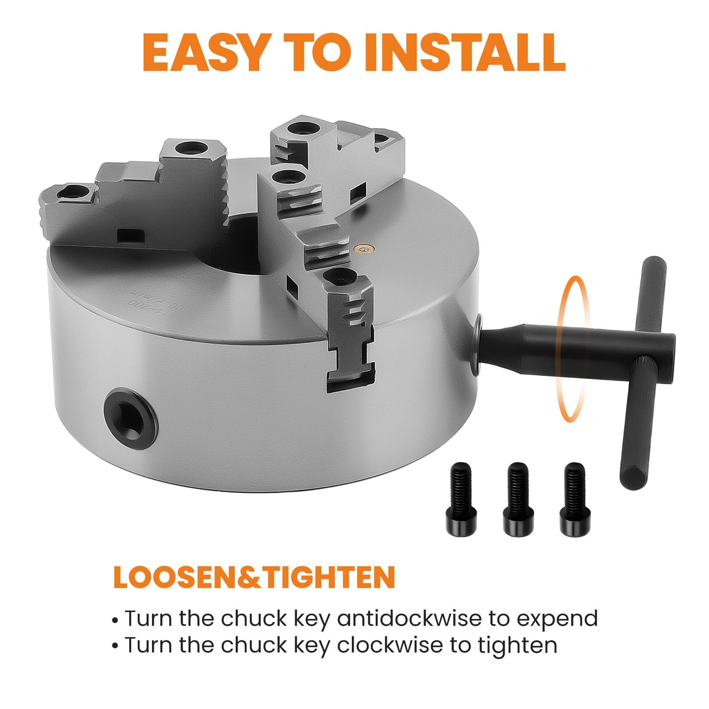 maXpeedingrods 8" 3-Jaw Lathe Chuck K11-200A, Self-Centering Hardened Steel Chuck High Precision with T-Key Mounting Bolts, 180mm Bolt Circle 65mm Center Hole for Metal Lathe Milling Drilling Machine