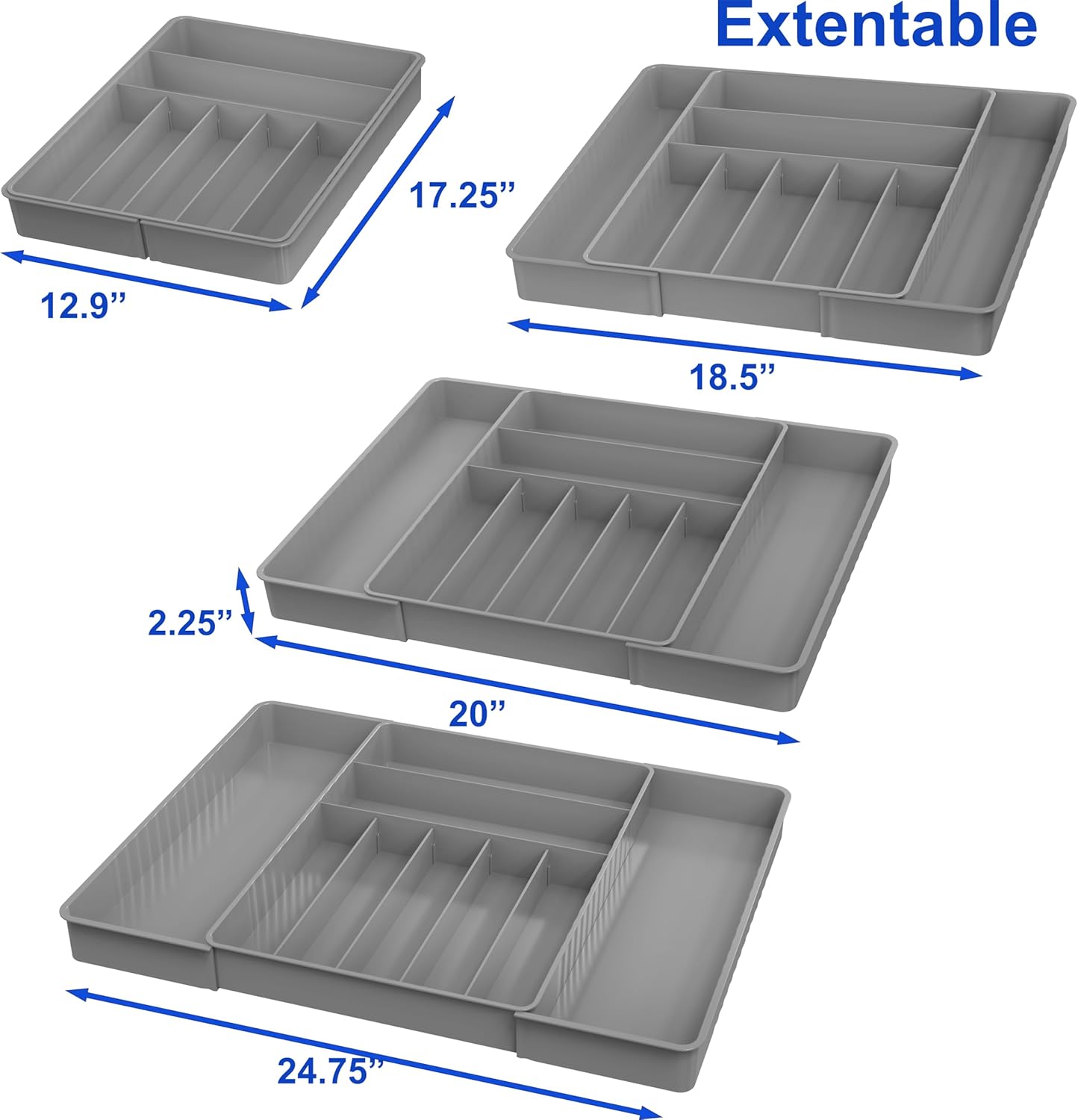 Simple Houseware Flatware Organizer - Adjustable Gray Cutlery Tray with 9 Compartments for Utensils