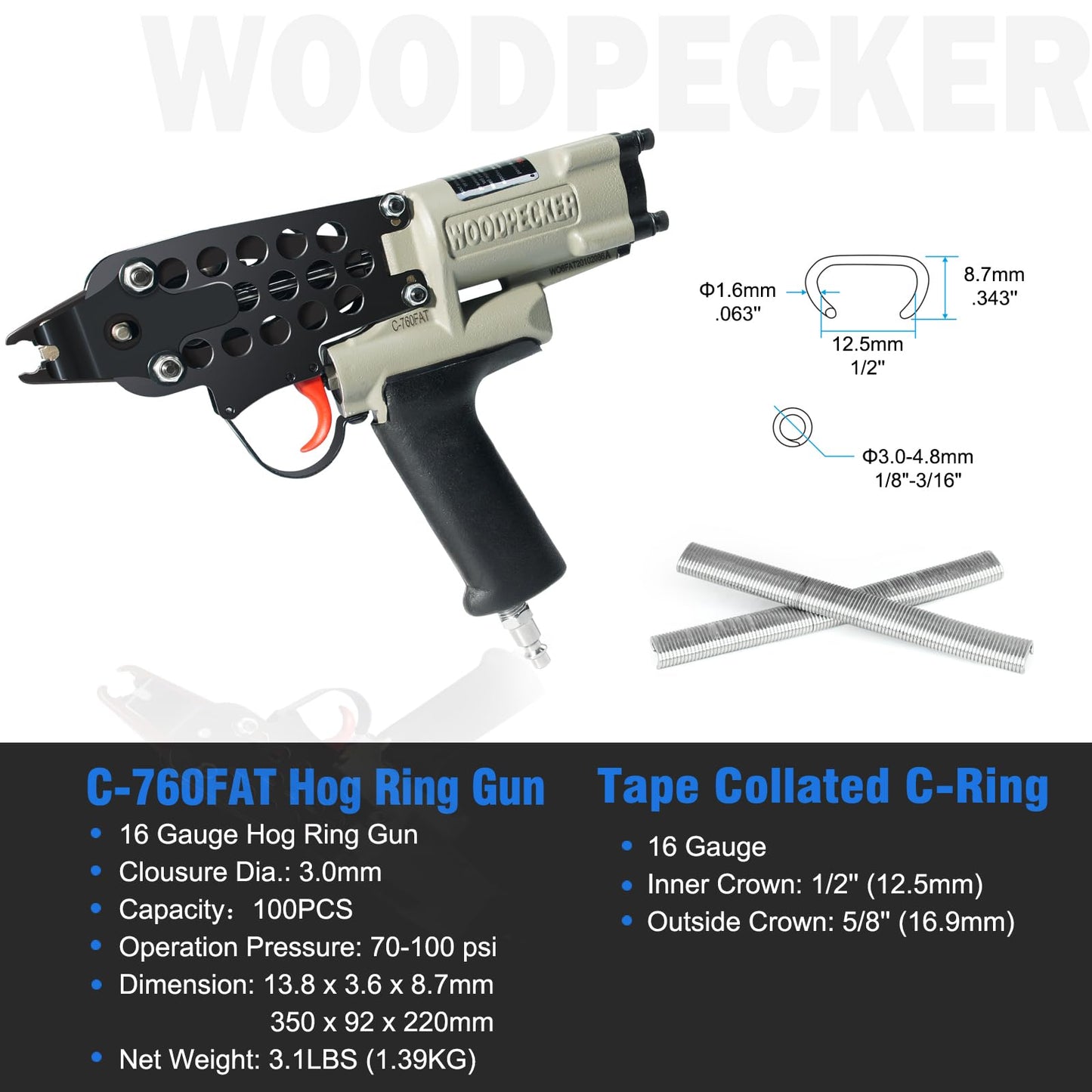 WOODPECKER C-760FA 16 Guage Pneumatic Hog Ring Gun, Standard 3.0 mm to 4.8 mm Closure Diameter, 1/2-Inch Crown Hog Ring Staples, Air Hog Ring Plier Tool for Wire Cages, Seat Making, Fencing