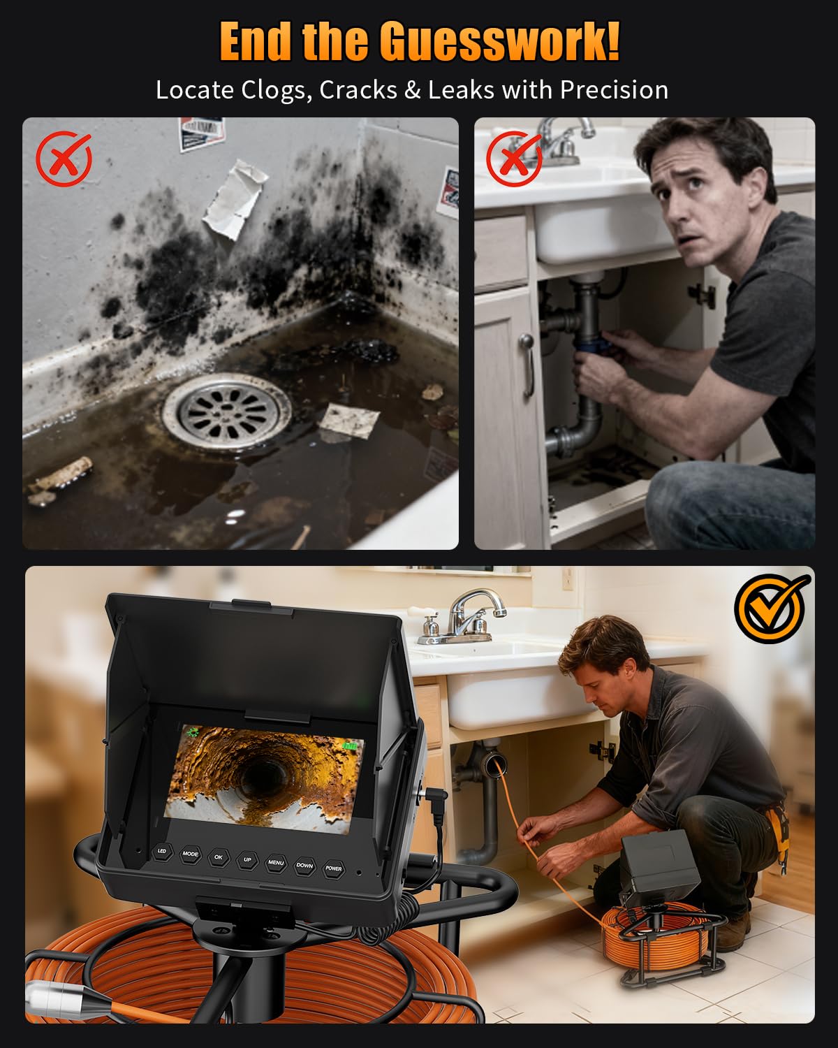 Sewer Camera 100ft, Drain Camera 4.3" with 23mm 1080P Probe, 8500mAh, 32GB Audio & Video Record, IP68 Waterproof for Drain Pipe, Plumbing & Industrial Inspection, Endoscope Camera with Light(12 LEDs)