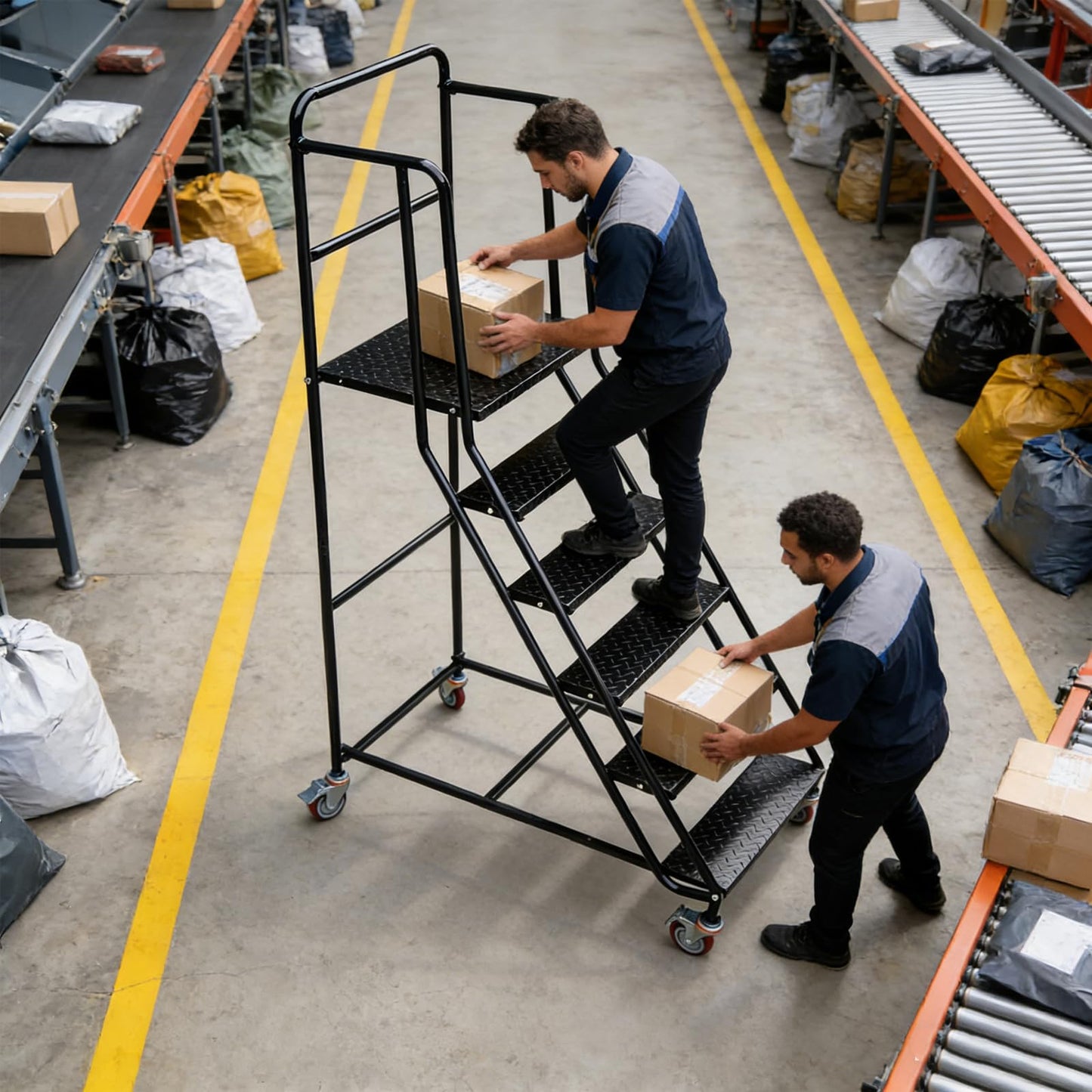 6 Step Rolling Ladder with Handrails, 880 lbs Capacity Heavy Duty Steel Mobile Warehouse Ladder with Locking Wheels, Non-Slip Rolling Stairs with Large Platform for Garage, Stockroom, Library