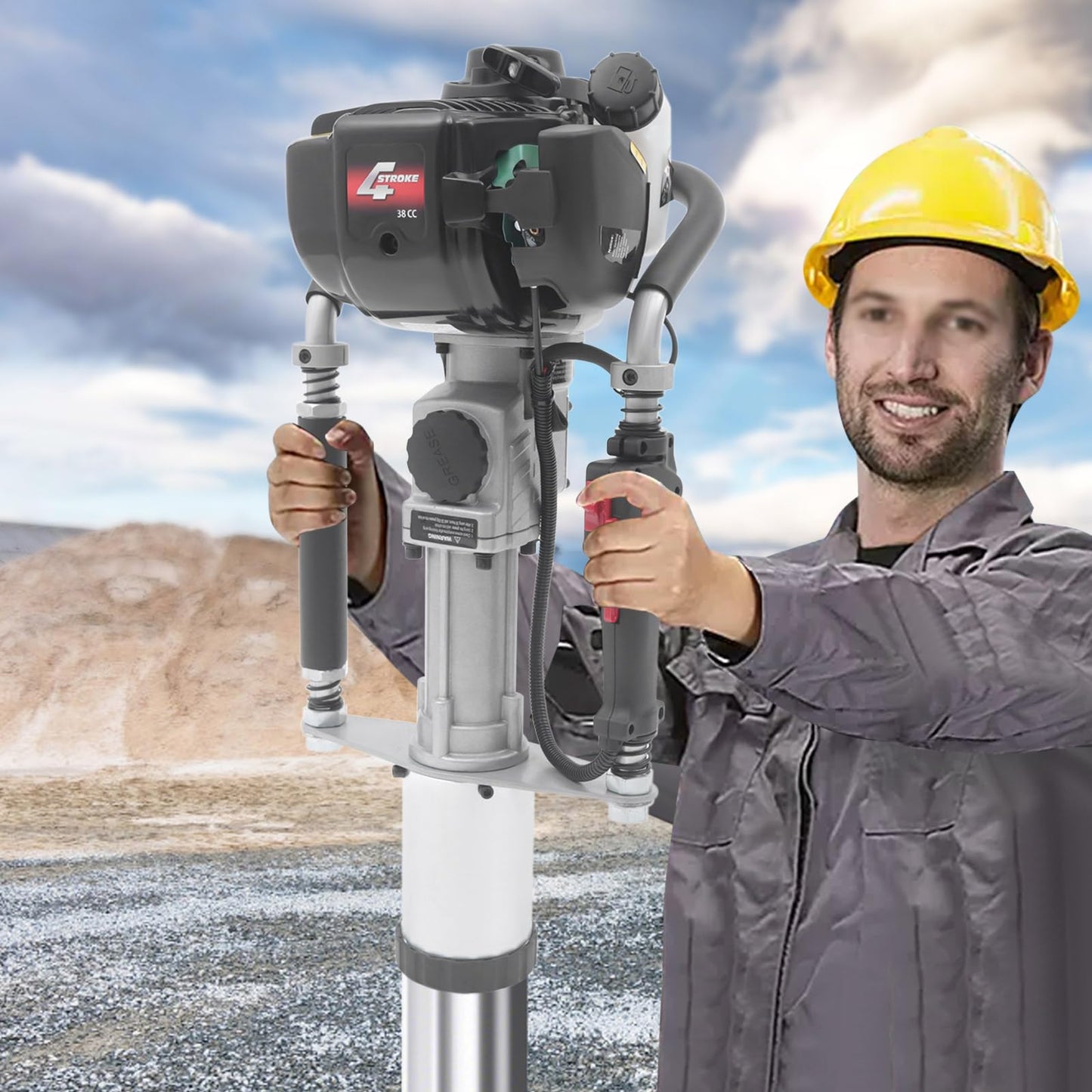 4-Stroke Pile Driver, 1.6 HP T-Post Gasoline Drivers, 8500 r/min Speed Portable Farm 27.47oz Fuel Tank Pile Hammer Heavy Duty Driving Single-Cylinder Hand Pull Start Air-Cooled Engine Kit 37.7CC