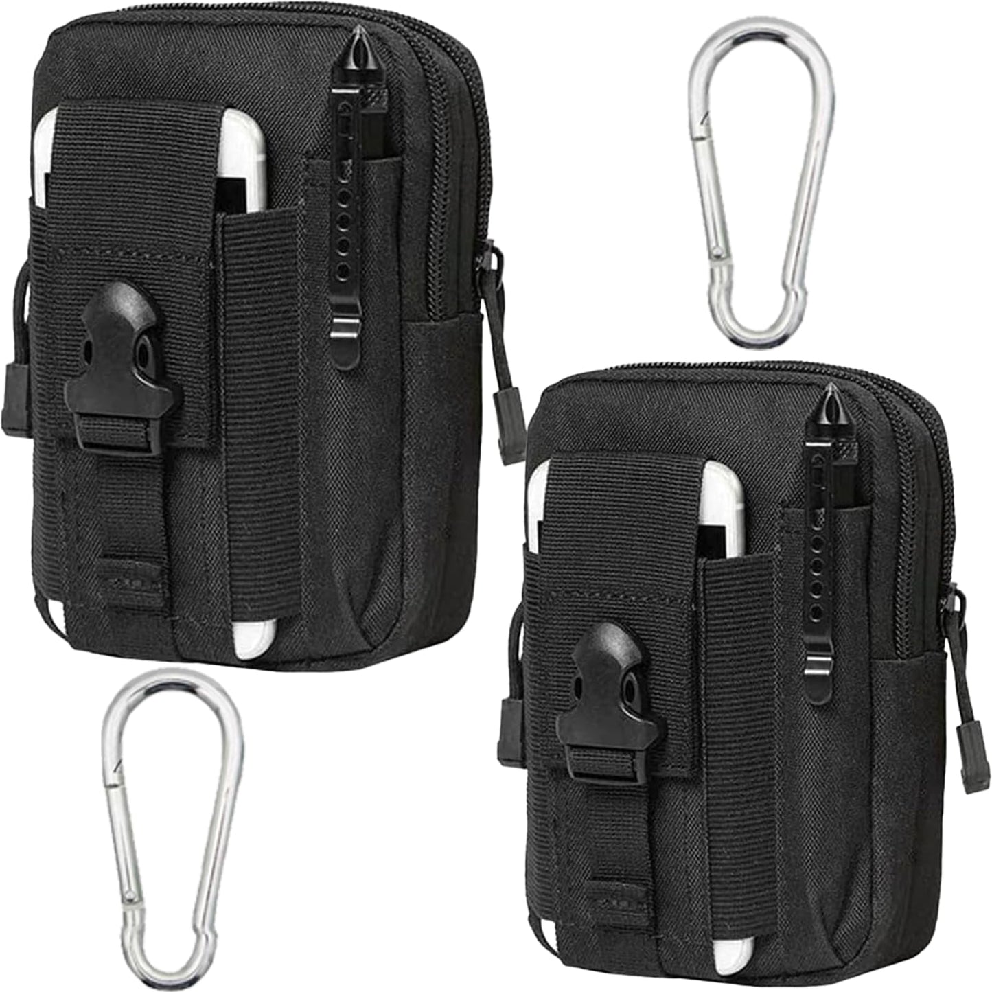 2 Pack Tactical EDC Pouch, Small Utility Pouches molle Phone Pouch Tool Pouch Belt Pouches for Men Tactical Vest Accessories with Aluminum Alloy Carabiner - Black