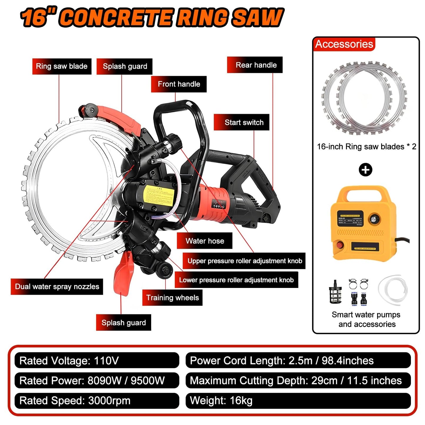 16" Concrete Ring Saw, 9500W Toroidal Electric Concrete Saw Cutting Machine, Wet Cutting System, Max Cutting Depth 11.8" Electric Ring Cutter For Brick, Concrete, Marble And Rebar(9500W)