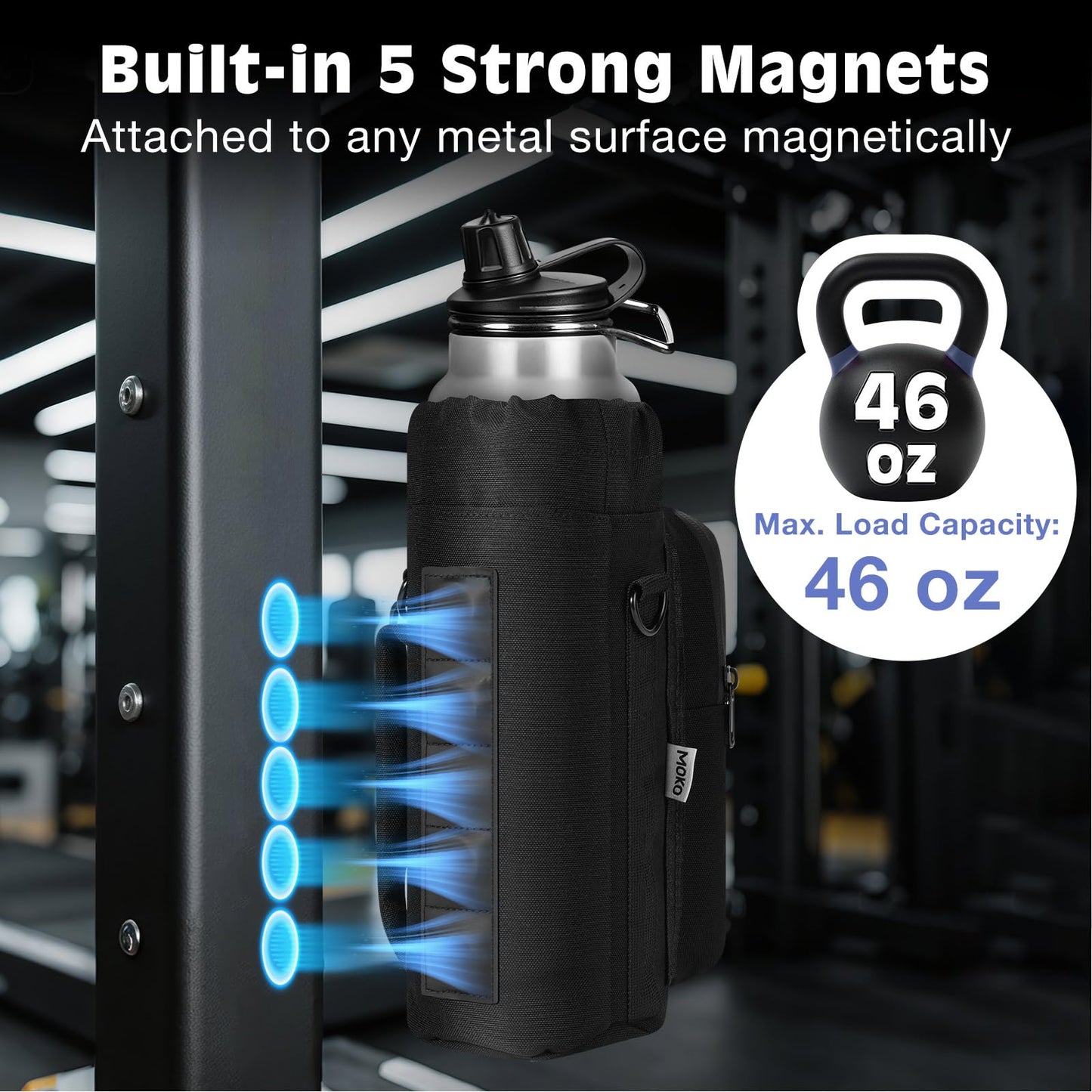 MoKo Magnetic Gym Bag, Magnetic Water Bottle Holder with Clear Phone Pouch, Built-in 4 Magnets Fitness Bag for Men and Women Compatible with Most Water Bottles, Gym Accessories Gifts, Black