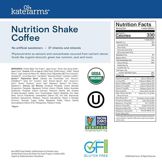 KATE FARMS Organic Nutrition Shake, Coffee, 16g protein, 27 Vitamins and Minerals, Protein Meal Replacement Drink, Protein Shake, 11 oz (12 Pack)