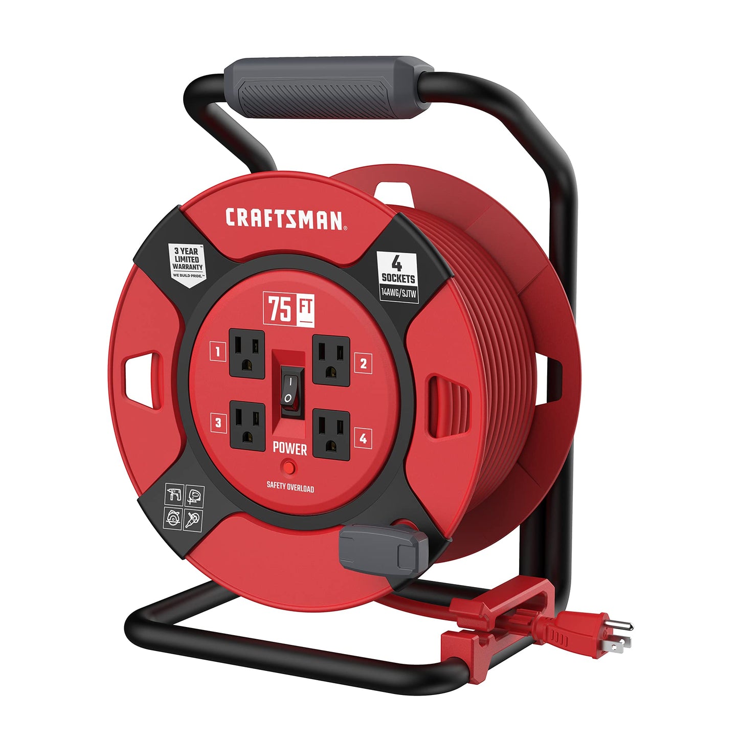 CRAFTSMAN Heavy Duty Retractable Extension Cord, 75 feet with 4 Outlets - 14AWG SJTW Cable - Outdoor Power Cord Reel