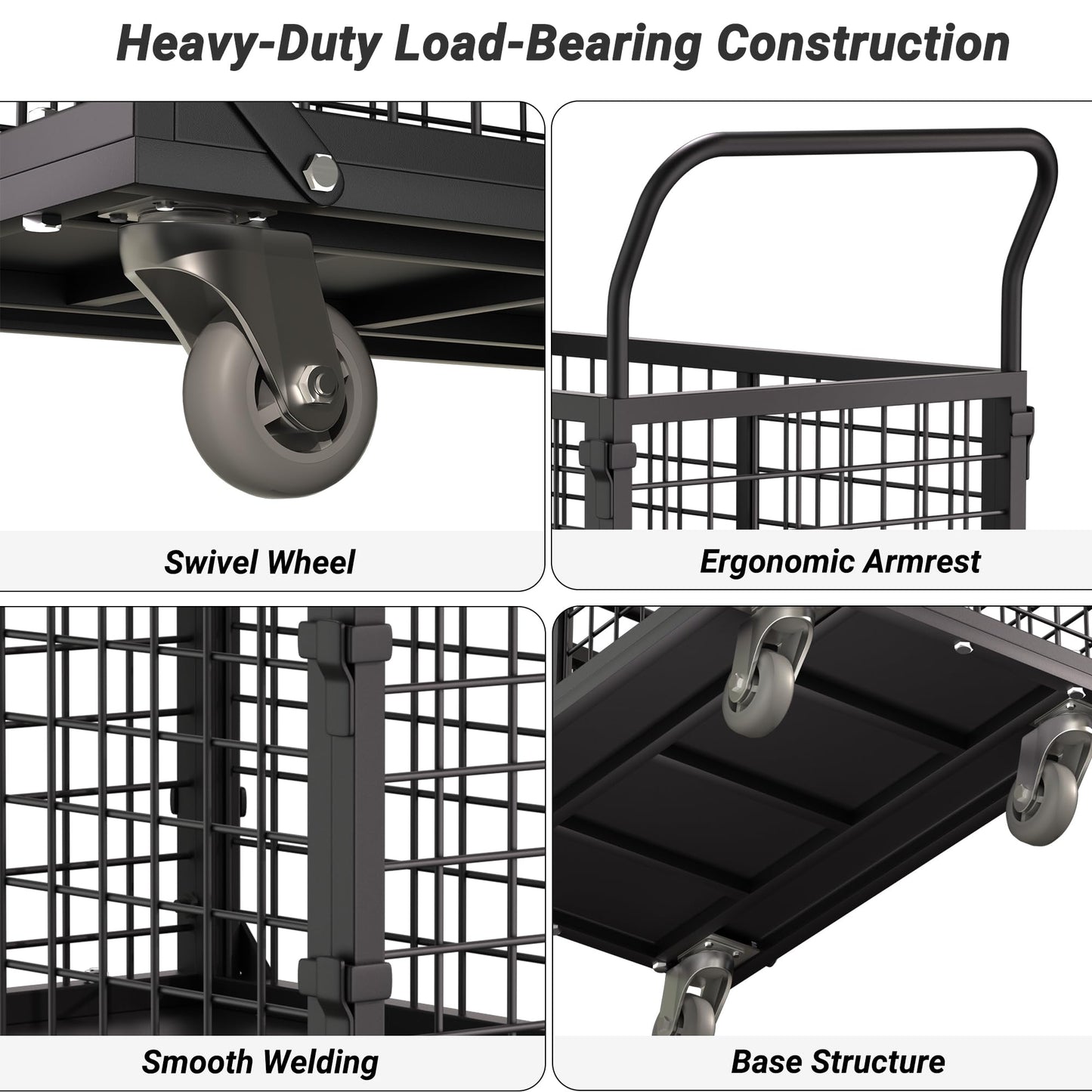 5-in-1 Folding Platform Truck, Cage Truck, 1800LBS Heavy-Duty Utility Cart & Industrial Push Cart Dolly, U-Boat Trolley, Folding Flatbed Trolley, Steel Base for Garage, Grocery, Laundry, Storage