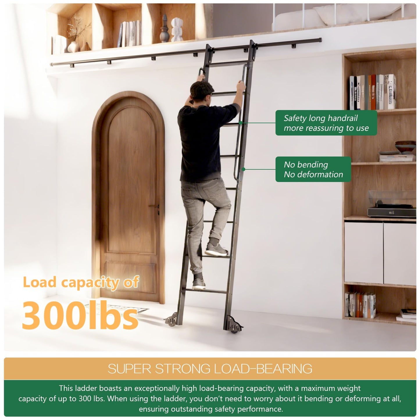 104RDHOUSE 9FT Lightweight Aluminum Rolling Step Ladder 108",Rolling Library Ladder with Wheels,Industrial Sliding Ladder for Home Library,Bookshelf, 4FT Hook Ladder Bookcase Track Kit for Home