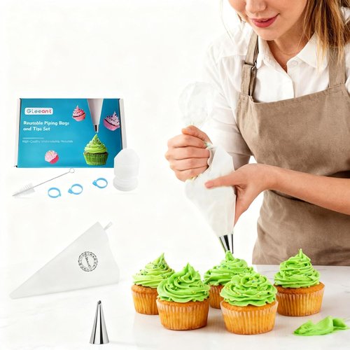 GleeAnt Reusable Cotton Piping Bags Set | 6-Piece Large Icing Tips & 16-Inch Pastry Bags for Cake Decorating