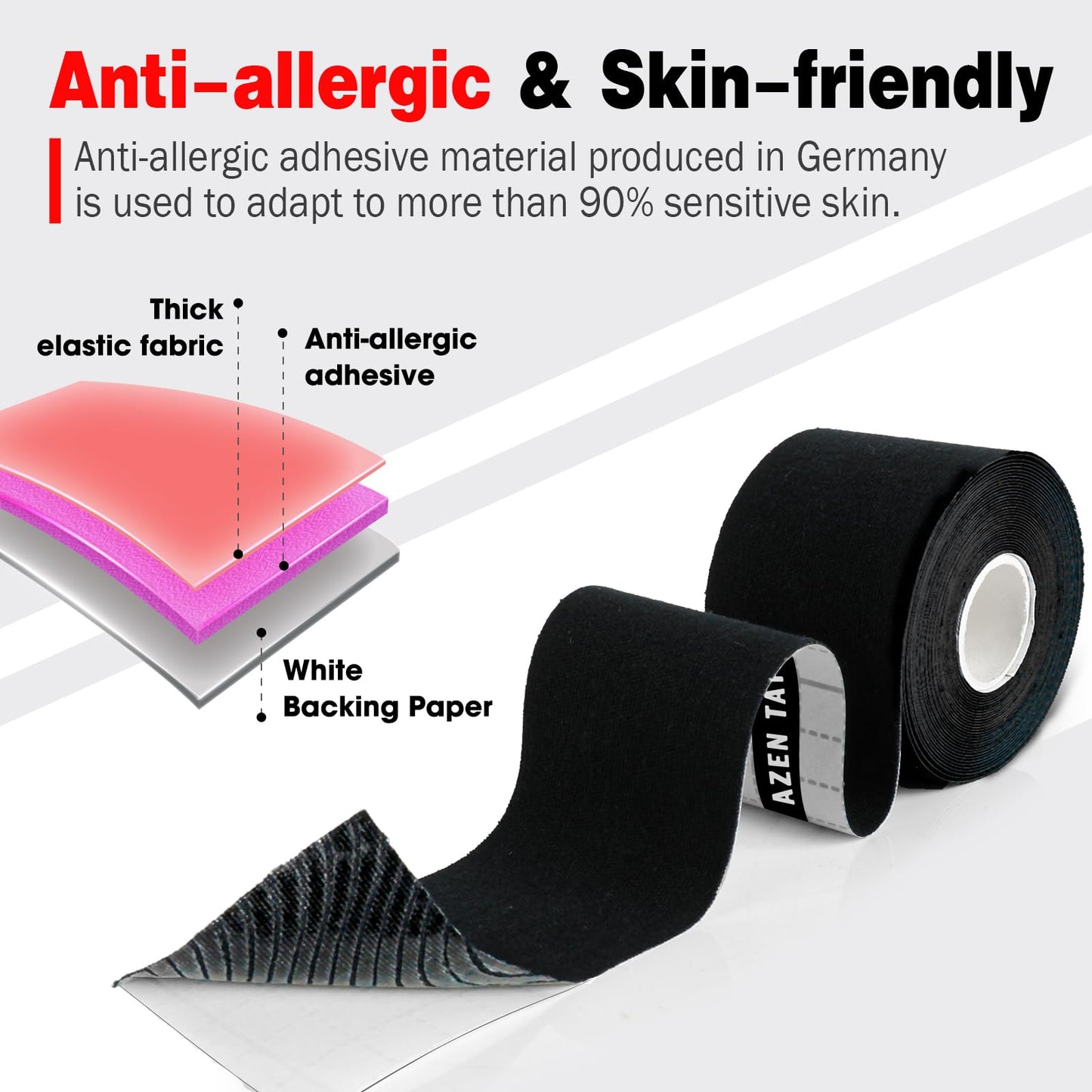 AZEN 3 Rolls Kinesiology Tape, 16.4 ft Waterproof Kinetic Tape for Joints Support and Muscle Pain Relief, Uncut Muscle Tape, Knee Tape, Athletic Tape - Black