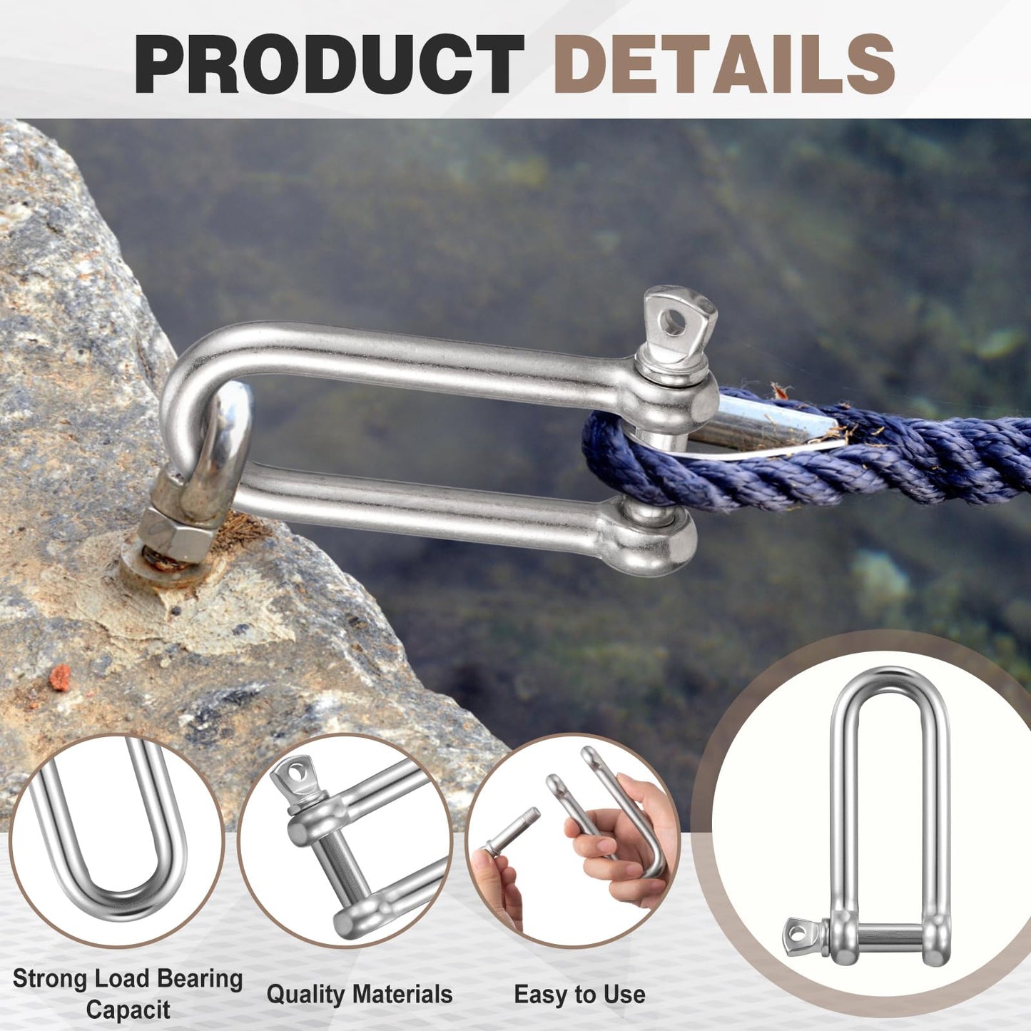 Otoolling 4 Pack Stainless Steel 316 Long D-Shackles 1/2 (12mm) Stainless Steel Long D-Shackles, Marine Grade