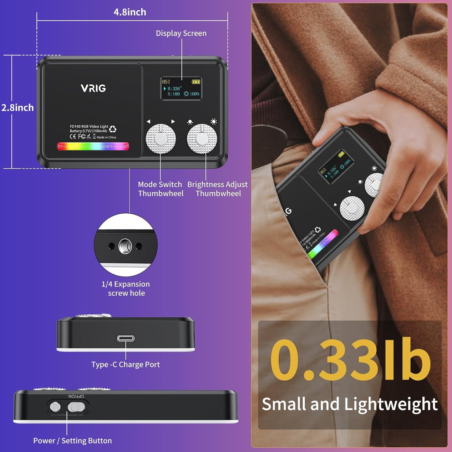 VRIG 2500K-9000K, 3000 20 140 RGB Video Light, Portable LED Camera Light, mAh, Effects, LEDs, OLED Display, DSLR