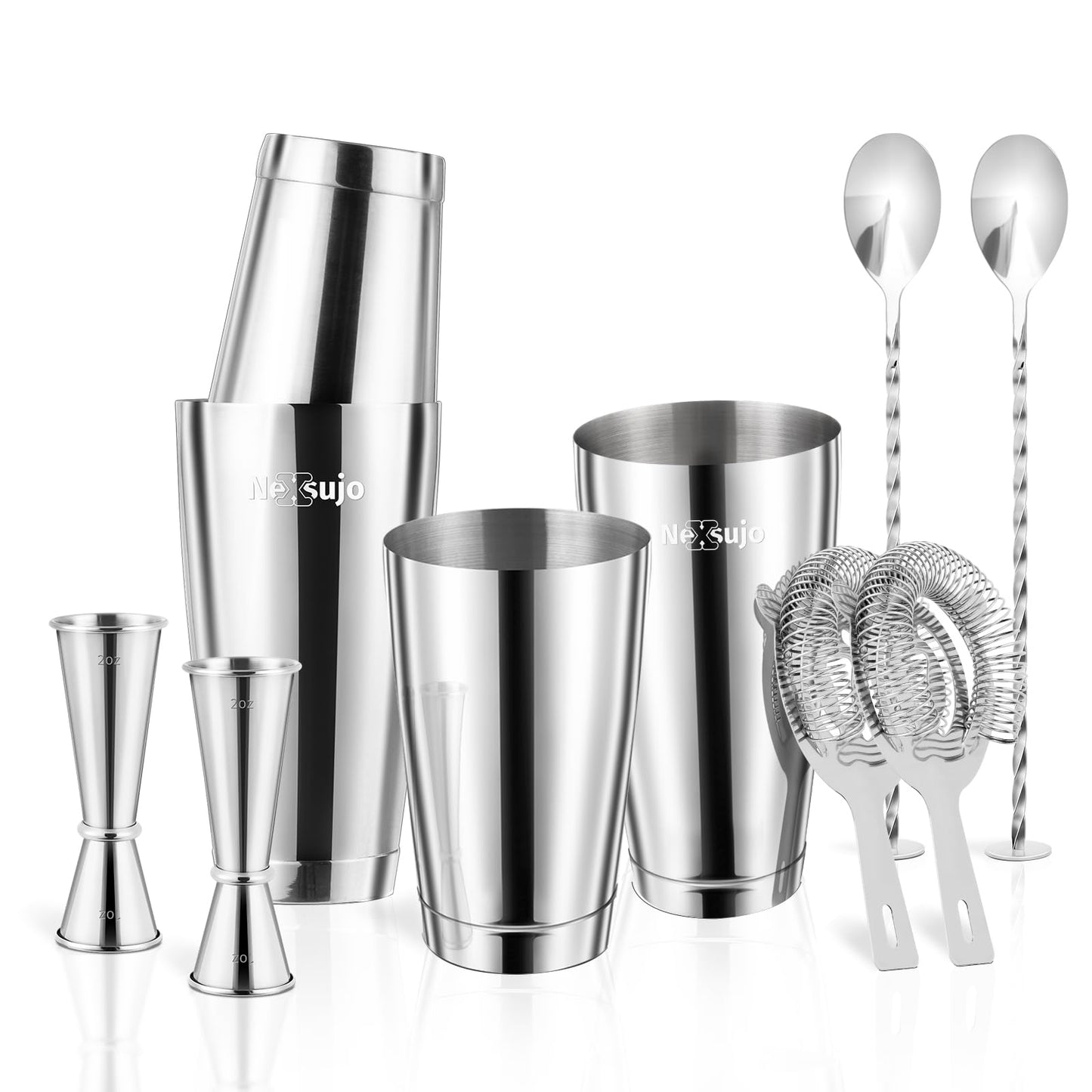 Nexsujo Boston Cocktail Shaker, 8-Piece Professional Shaker Set, Stainless Steel Bar Tools Set with Boston Shaker, Bar Spoon, Jigger, Hawthorne Strainer, Dishwasher Safe, Ideal Bartender Kit for Bar