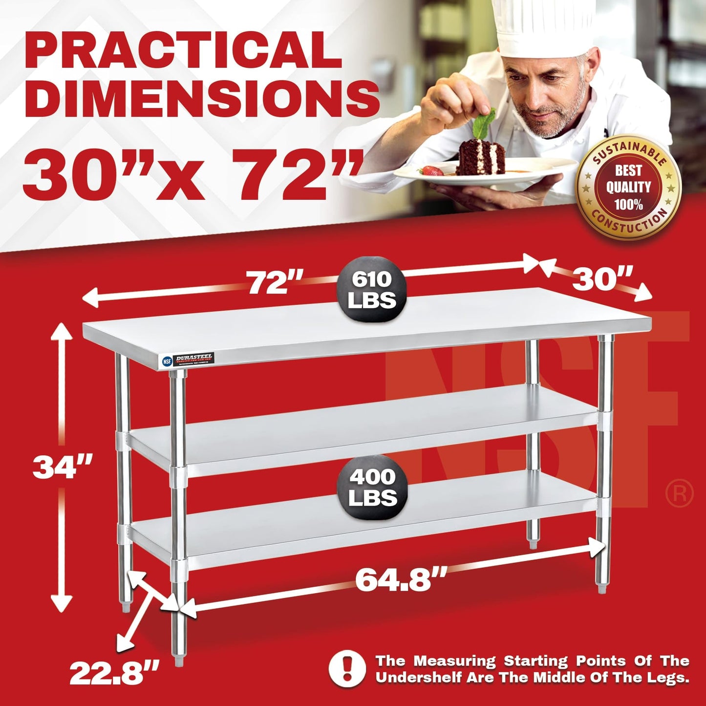 DuraSteel Food Prep Stainless Steel Table - 30 x 72 Inch Commercial Metal Workbench with Adjustable Under Shelf - NSF Certified - for Restaurant, Warehouse, Home, Kitchen, Garage