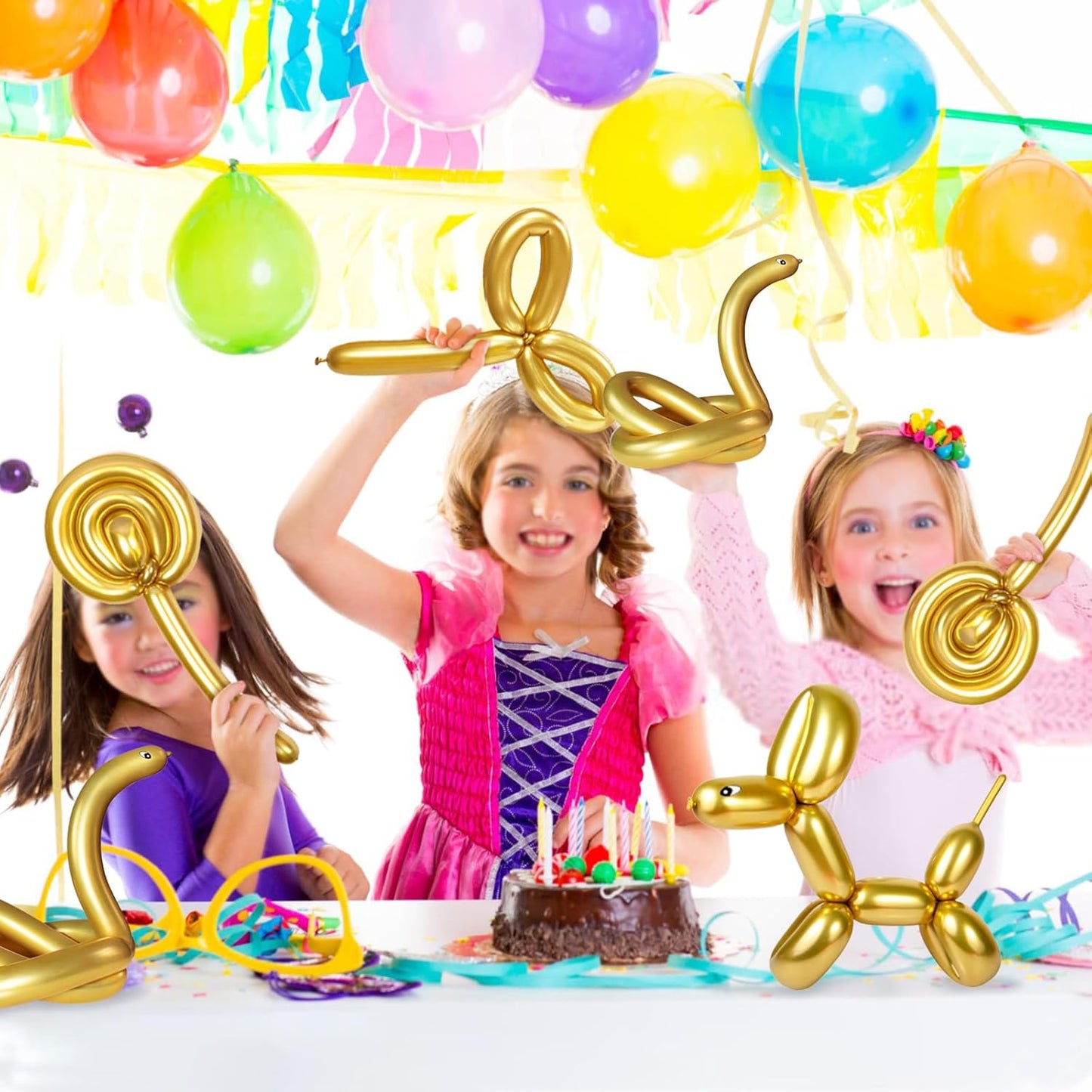 Skiennix 260 Metallic Gold Balloons - Long Latex Twisting Balloons for Animal Modeling | 100 Pcs