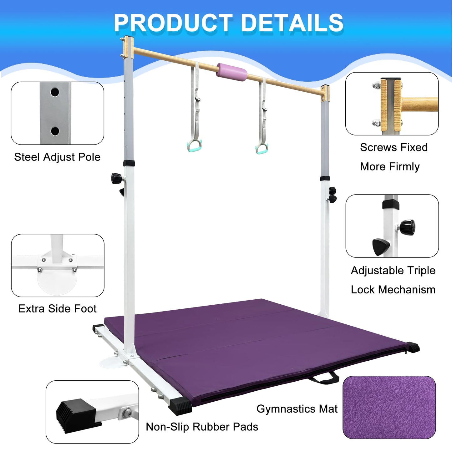JOYSFIT Adjustable Gymnastics Bar for Kids with Mat - Sturdy Kip Bar with Rings, Horizontal Bar for Home Training, 3'-5' Height, Ages 3-15, 250 LBS Capacity, Easy Assembly.