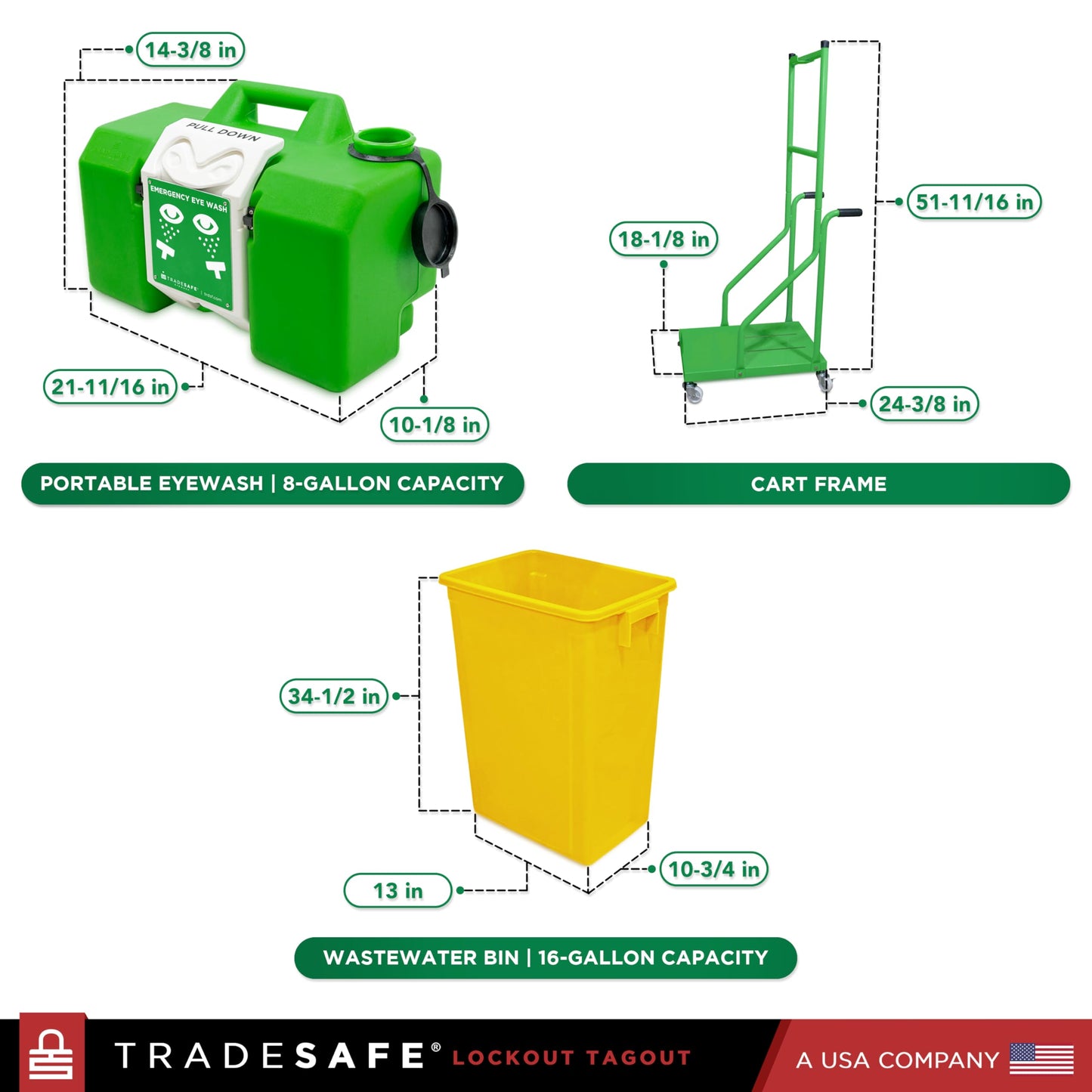 TRADESAFE Portable Eye Wash Station OSHA Approved - Emergency Eye Wash Station, 8 Gallon Eye Wash First Aid with Cart and Wastewater Bin, Eyewash Station Sign, OSHA and ANSI Compliant