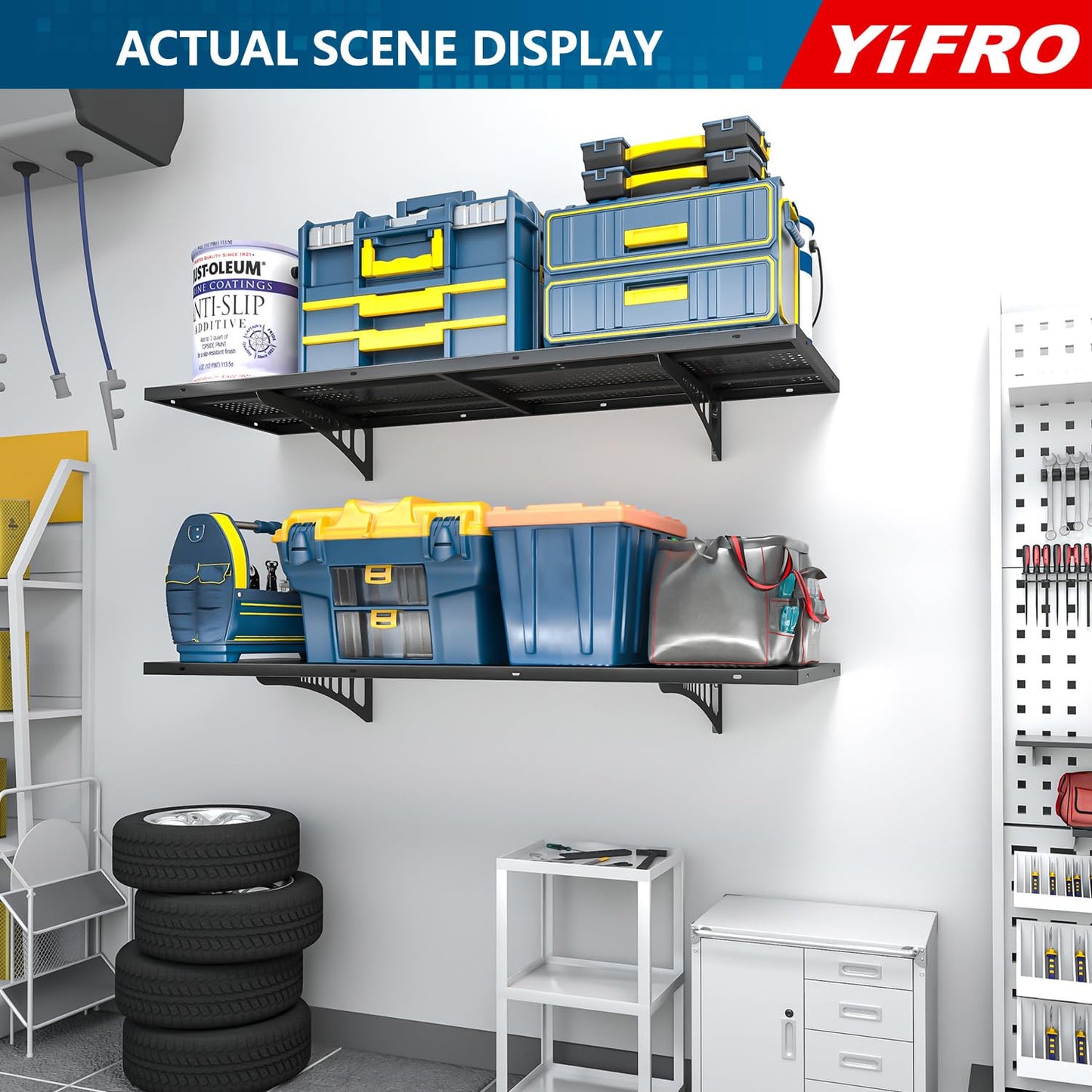 YIFRO 2-Pack 1.5x4ft Heavy Duty Garage Wall Shelving, 500 lbs Load Capacity, Garage Shelving Wall Mounted, Garage Storage Rack with Hooks, Black