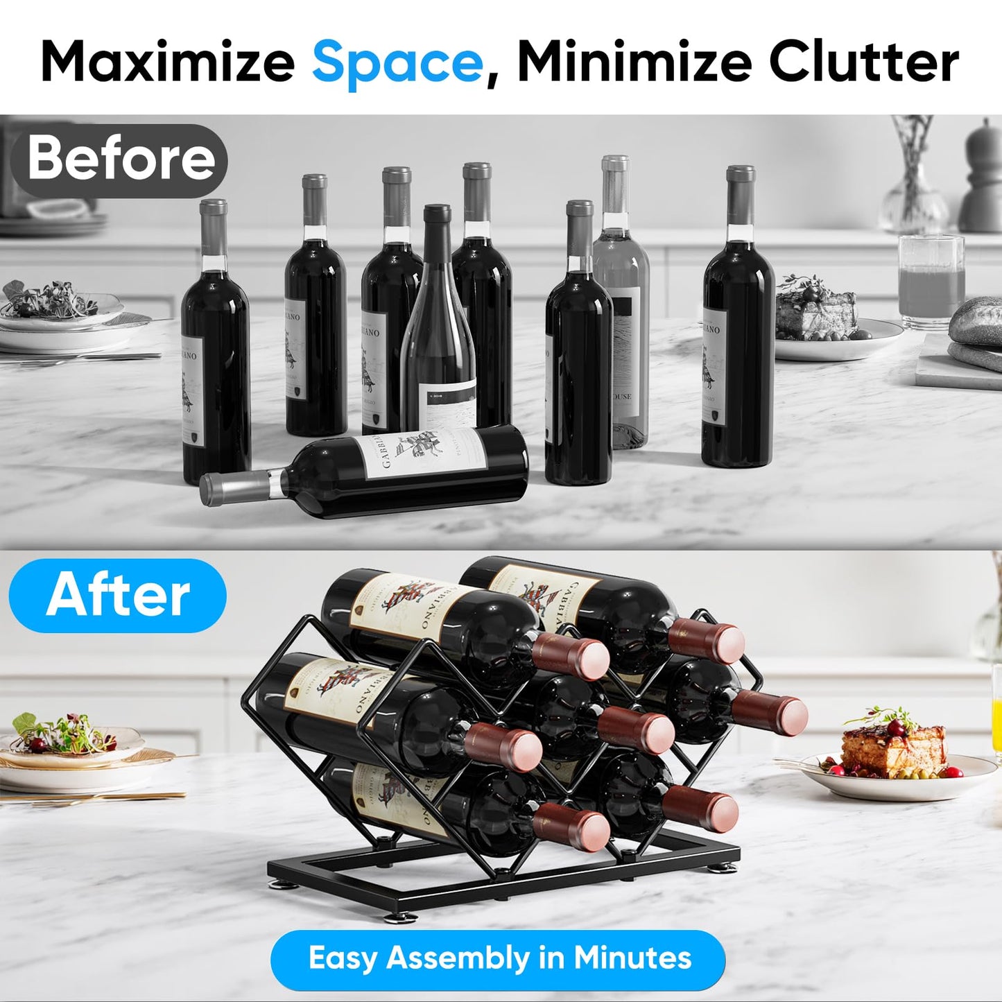 POKIPO Countertop Wine Rack - 7 Bottles Metal Small Wine Rack Wine Bottle Holder Storage Space Saving for Home Kitchen Bar Tableop Cabinet Pantry