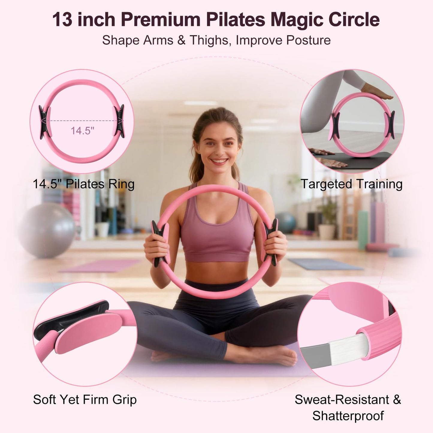 TSPFUI Pilates Kit, Home Pilates Workout Kit for Women, Pilates Equipment with Pilates Ring and Ball, Yoga Block & 5 Resistance Bands, Ankle Weights, Sliders & Grip Socks, Workout Guide Included