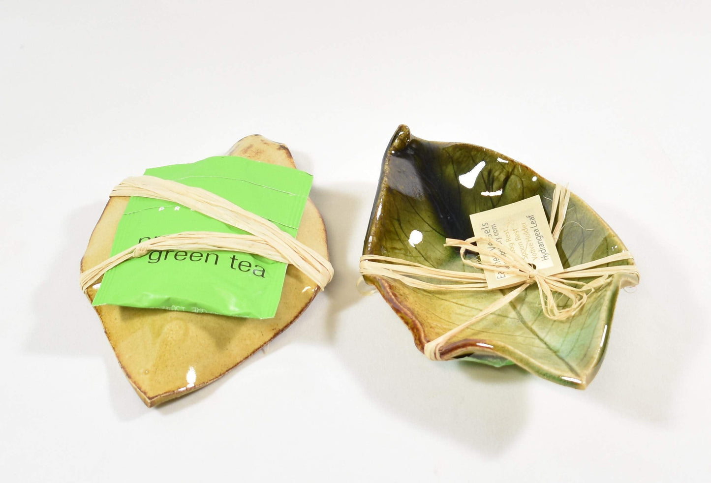 Earthen Vessels Pottery, Hydrangea Leaf Spoon Rest, Tea Bag Coaster, Ring Dish, Set of 3 In Summer Green, Pink & Teal