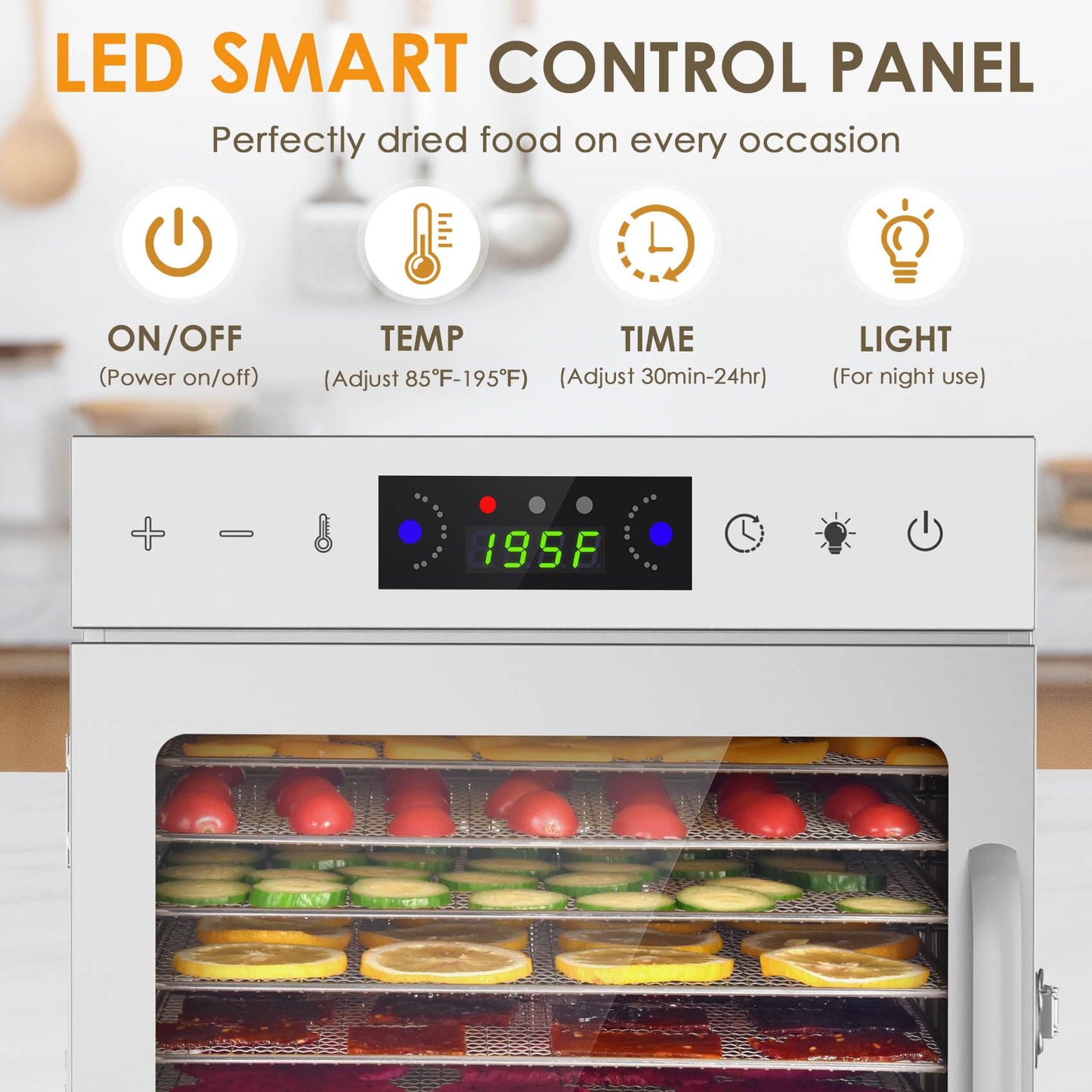 HOPERAN Food Dehydrator Machine with 8 Stainless Steel Trays – Digital Timer & Adjustable Temp Control for Jerky, Herbs, Fruits | Overheat Protection, BPA-Free, Includes Recipe Book