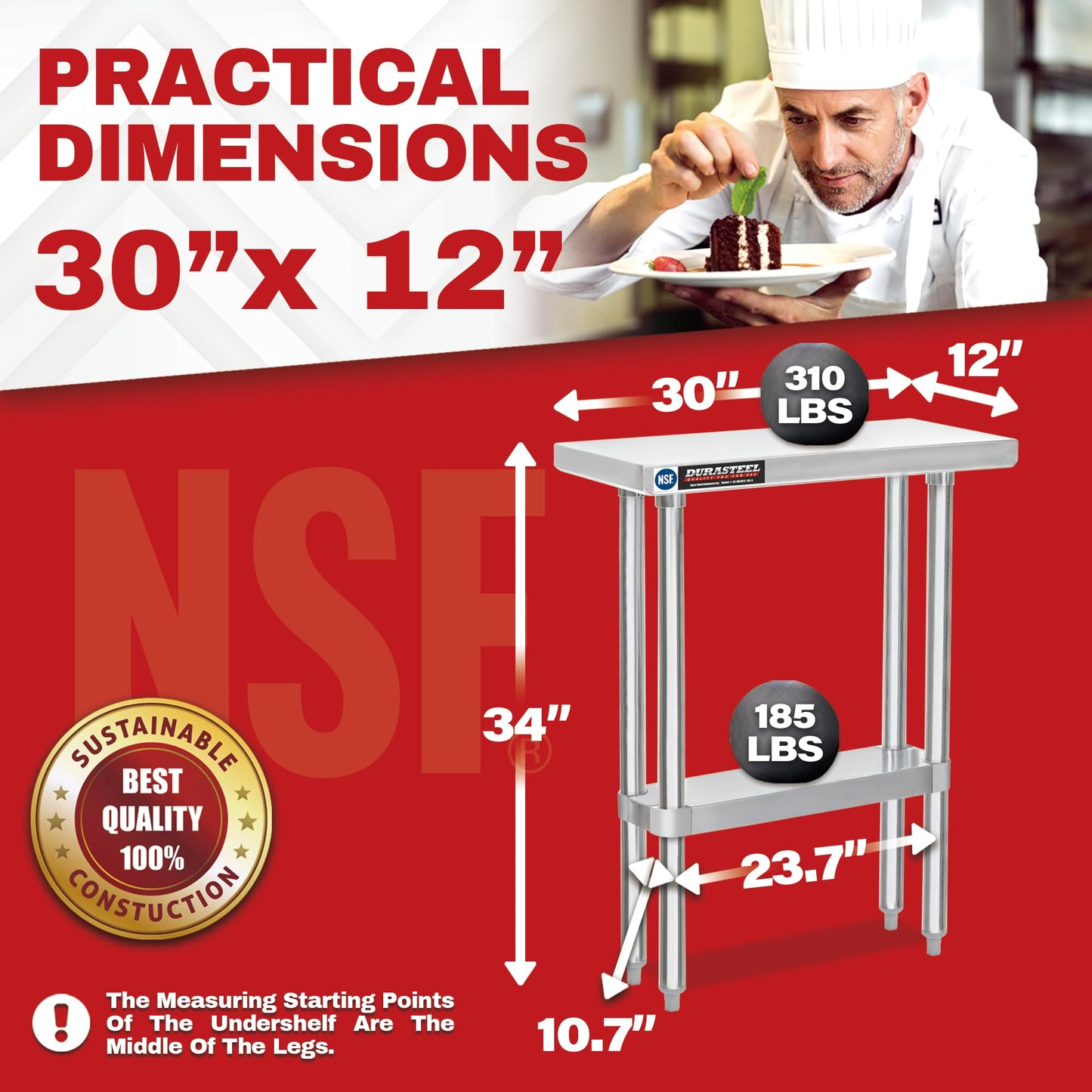 DuraSteel NSF Commercial Kitchen Table - 30 x 12 Inch Cooking Prep Stainless Steel Kitchen Island Workstation with Adjustable Under Shelf - Heavy Metal Workbench For Restaurant, Home, Garage