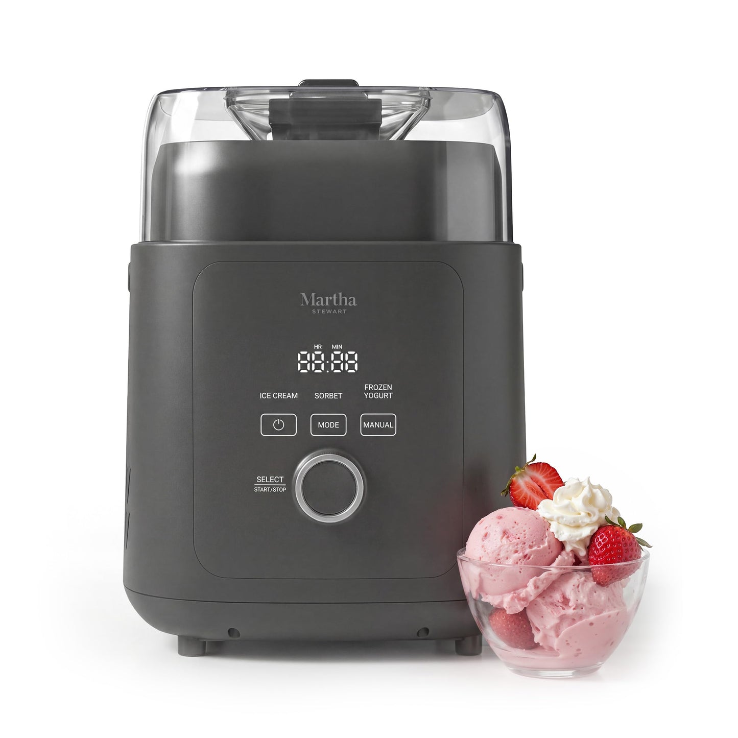 Martha Stewart 1 Quart Ice Cream Maker, Built-In Compressor, No Pre-Freezing Required, 3 Modes (Ice Cream, Sorbet, Frozen Yogurt), Automatic Mix-In Alert, Dishwasher-Safe Parts, Caviar Gray