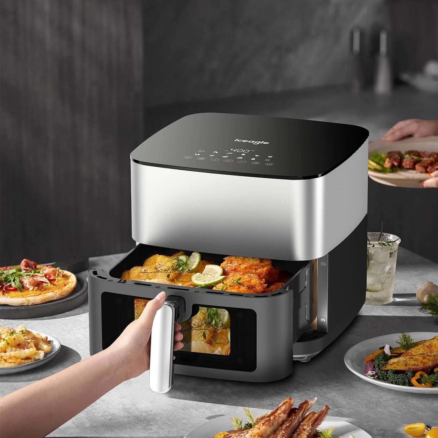 Iceagle Stainless Steel Air Fryer 9 Quart - Airfryer XXL with Large Viewing Window, Dual Heating Elements, 12-in-1 Function to Roast, Bake, Broil, Defrost, Reheat, Dishwasher-Safe Parts, 1700W, Siver