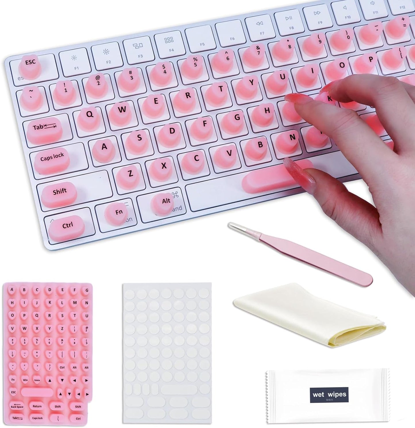 WANTHER (70 Raised Keyboard Stickers for Long Nails with Letters - Heart-Shaped Antistatic Silicone Protective Cover