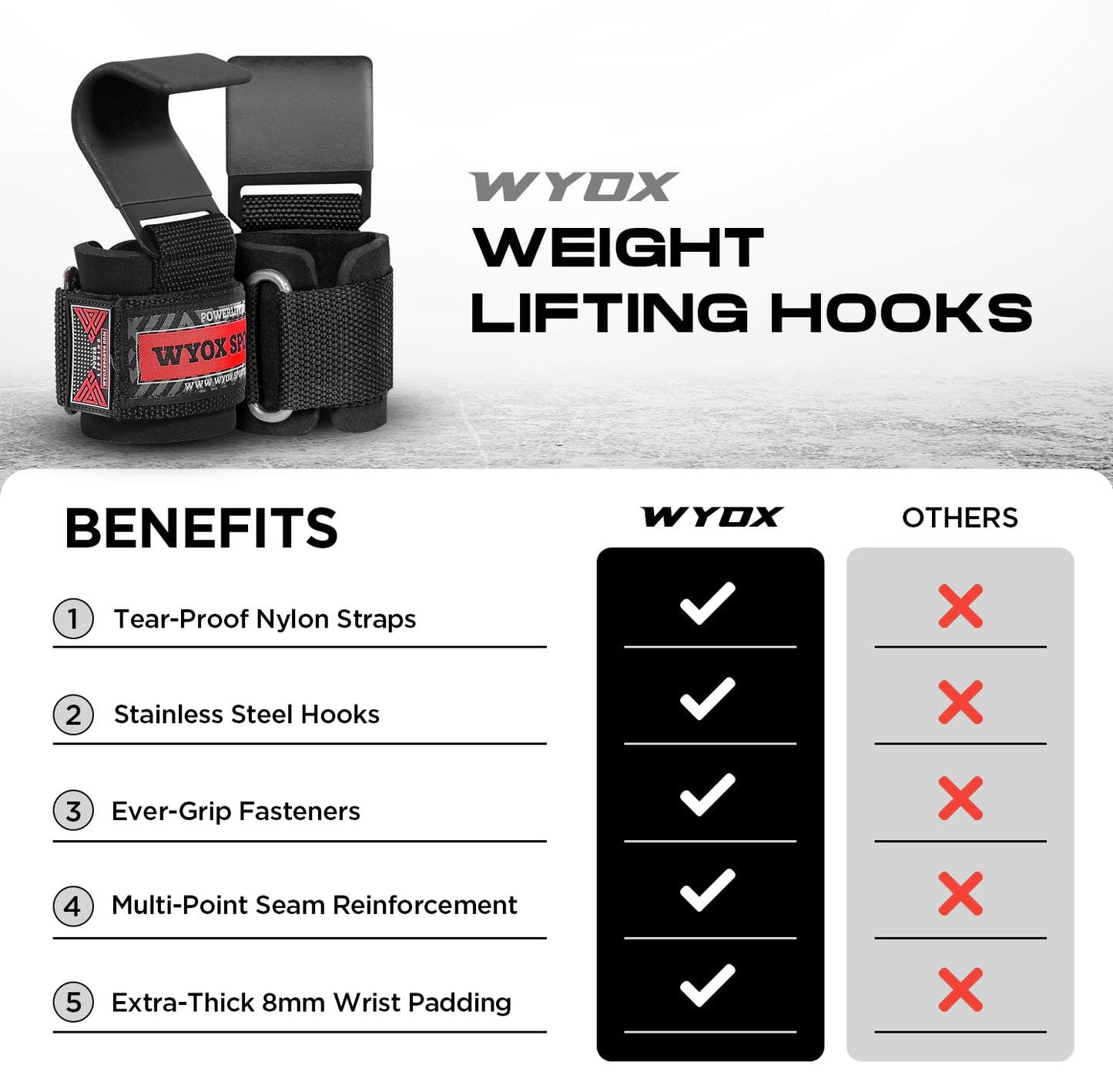 WYOX Weight Lifting Hooks for Deadlift, Pull Ups & Rows – Heavy Duty Wrist Support Grips to Lift Heavier, Reduce Grip Fatigue & Improve Performance – Padded Straps for Men & Women (Pair of 2)