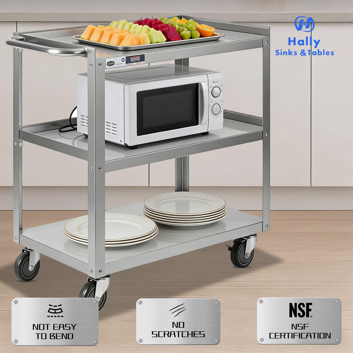 Hally Stainless Steel Utility Cart 3 Tier NSF Commercial Heavy Duty Metal Mobile Food Rolling Cart with Handle and Wheels for Kitchen, Restaurant, Hospital, Laboratory and Home, 31" L x 19" W x 34" H