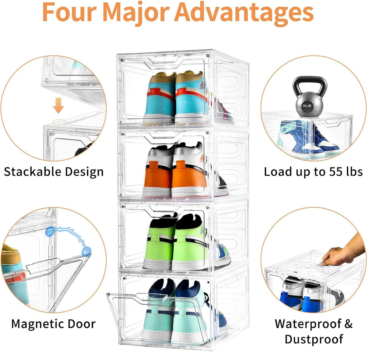Skiennix Large Clear Shoe Boxes - Stackable Shoe Storage Organizer with Lids | Fits US Size 13