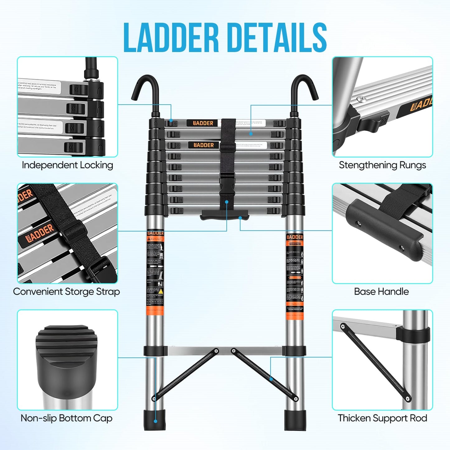 Telescoping Ladder, 16.5 FT Extension Ladder w/Hooks, Heavy Duty 330lbs Max Capacity, Telescopic Ladder with Hooks for RV or Outdoor Work