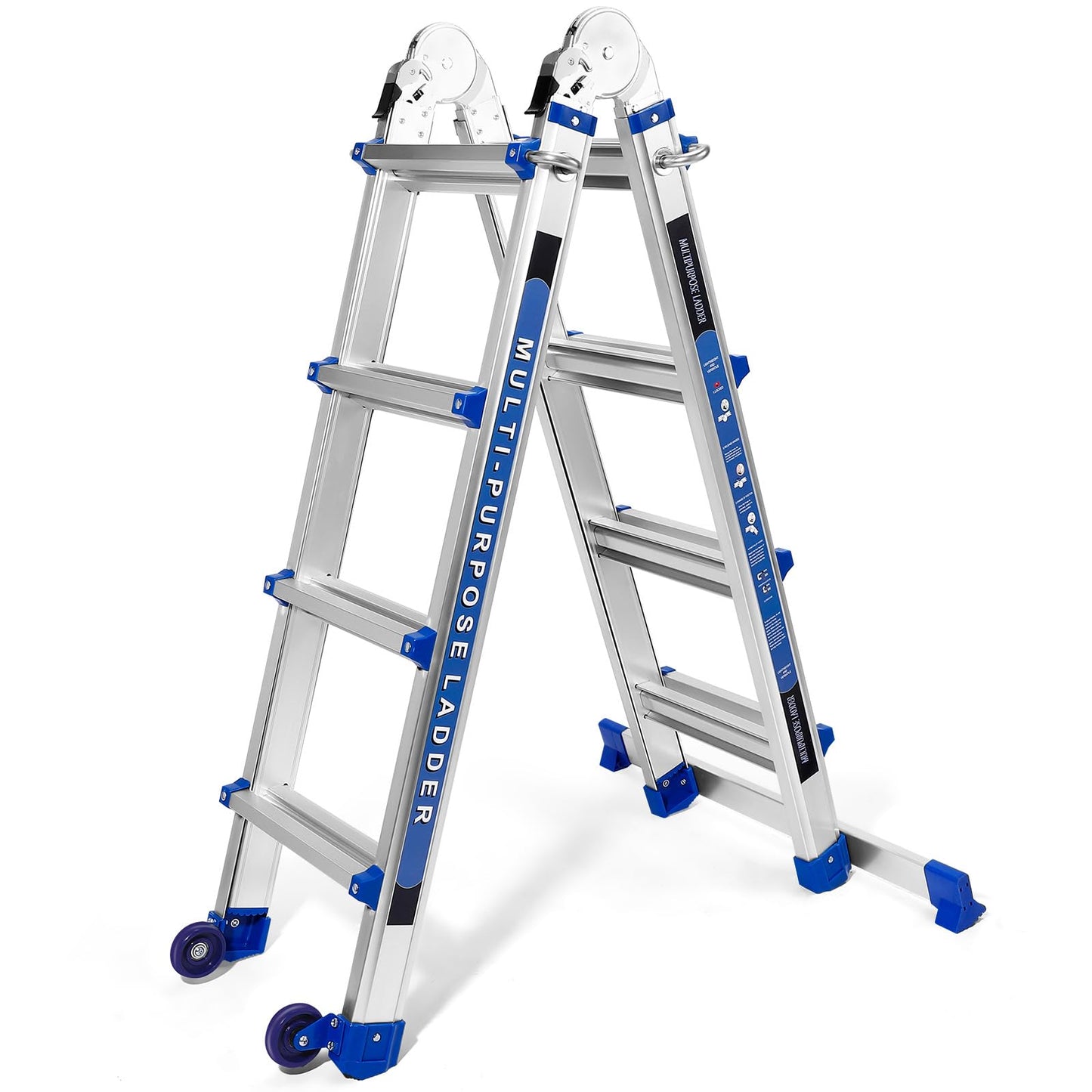Wolec Telescoping A-Frame Ladder- 17 FT Folding Extension Ladder with Wheels & Stabilizer Bar, 330lb Security Load Multi Position Ladders for Stairs Home Indoor Outdoor Roof-Blue