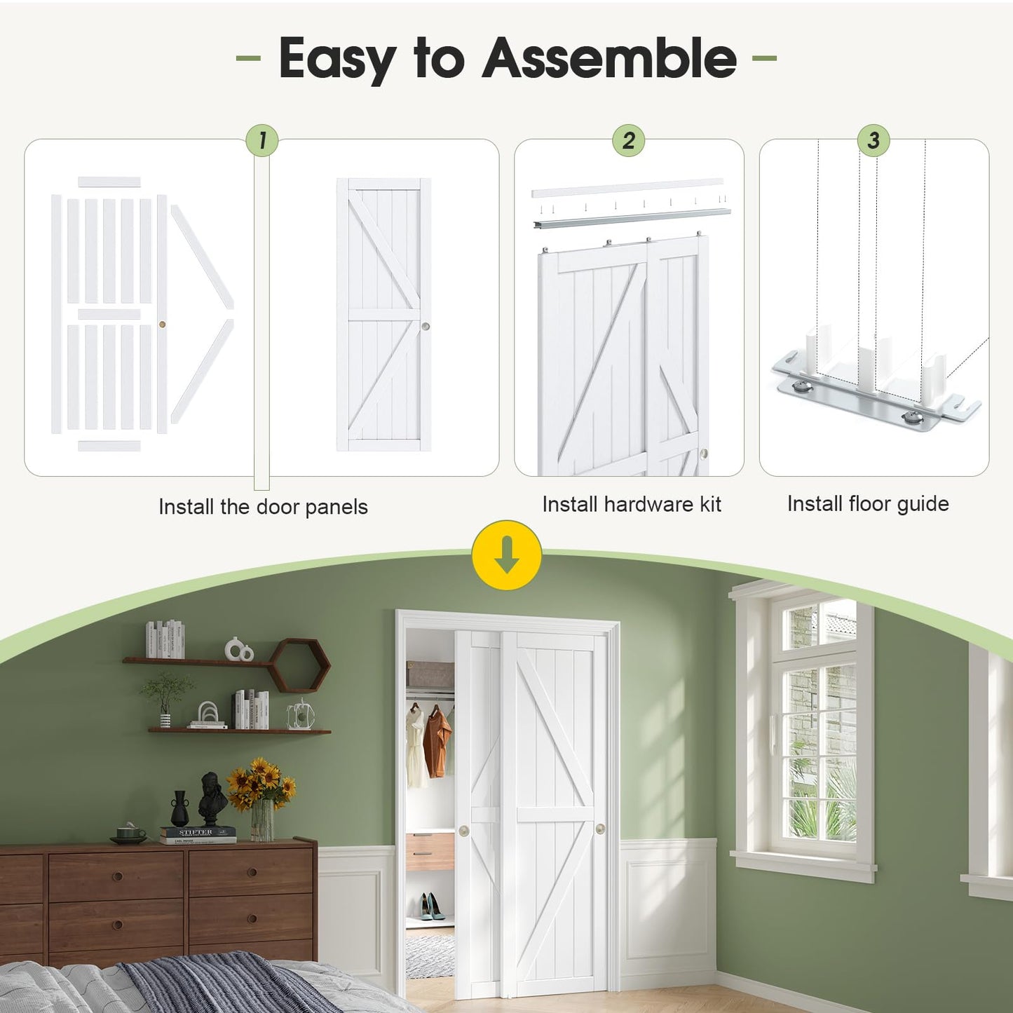 CEAKIAN 48x80in Sliding Closet Doors (Double 25in) White Bypass Closet Door,Easy Install Modern PVC Closet Doors with Hidden Track,Quiet Rollers,Solid Wood Core,Space Divider for Bedroom Wardrobe