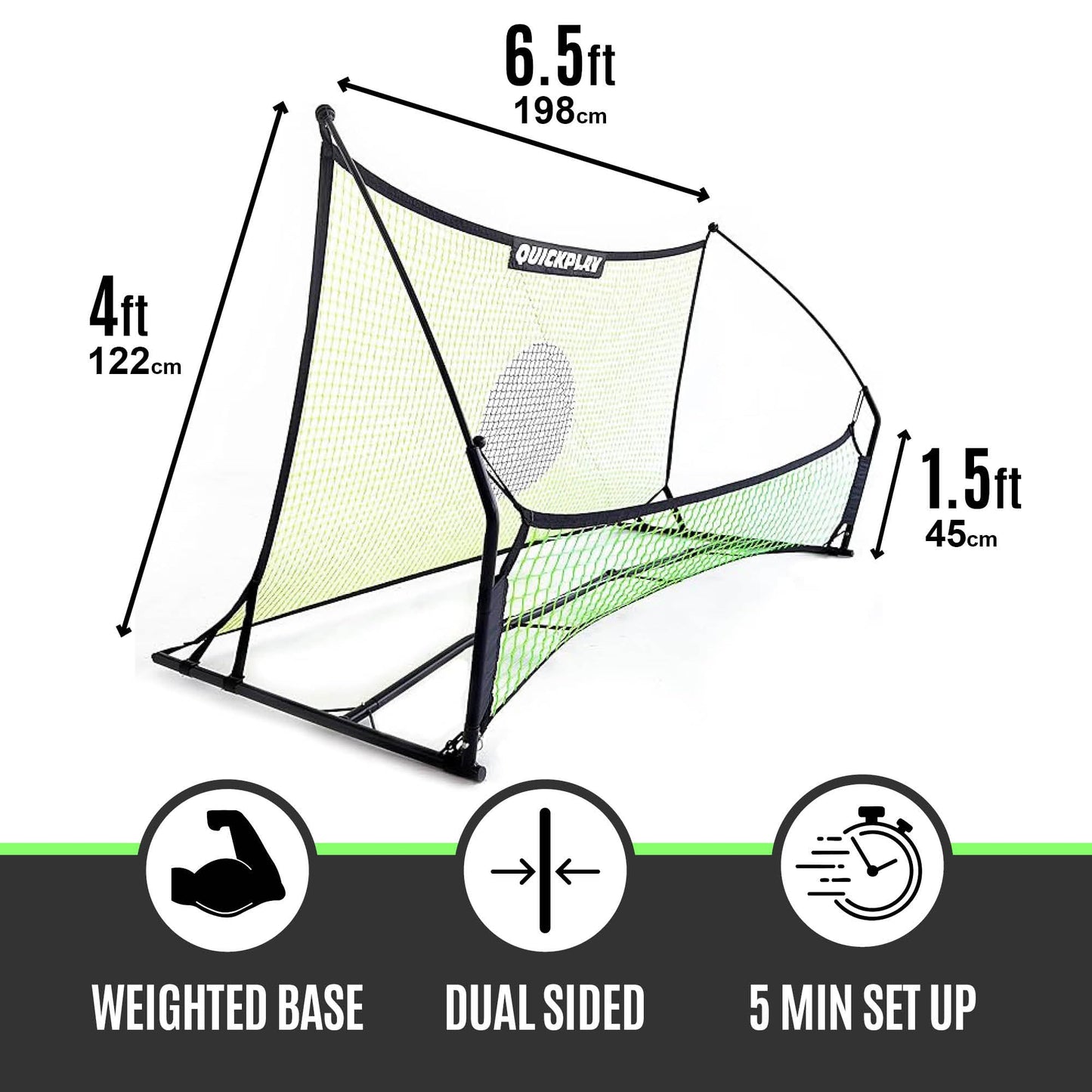 QUICKPLAY TEKKERS TRAINER Soccer Rebounder, 6.5x4' Spot & 6.5x1.5ft Ground Pass Nets, Alloy Steel, Fiberglass, Black, Green, Portable