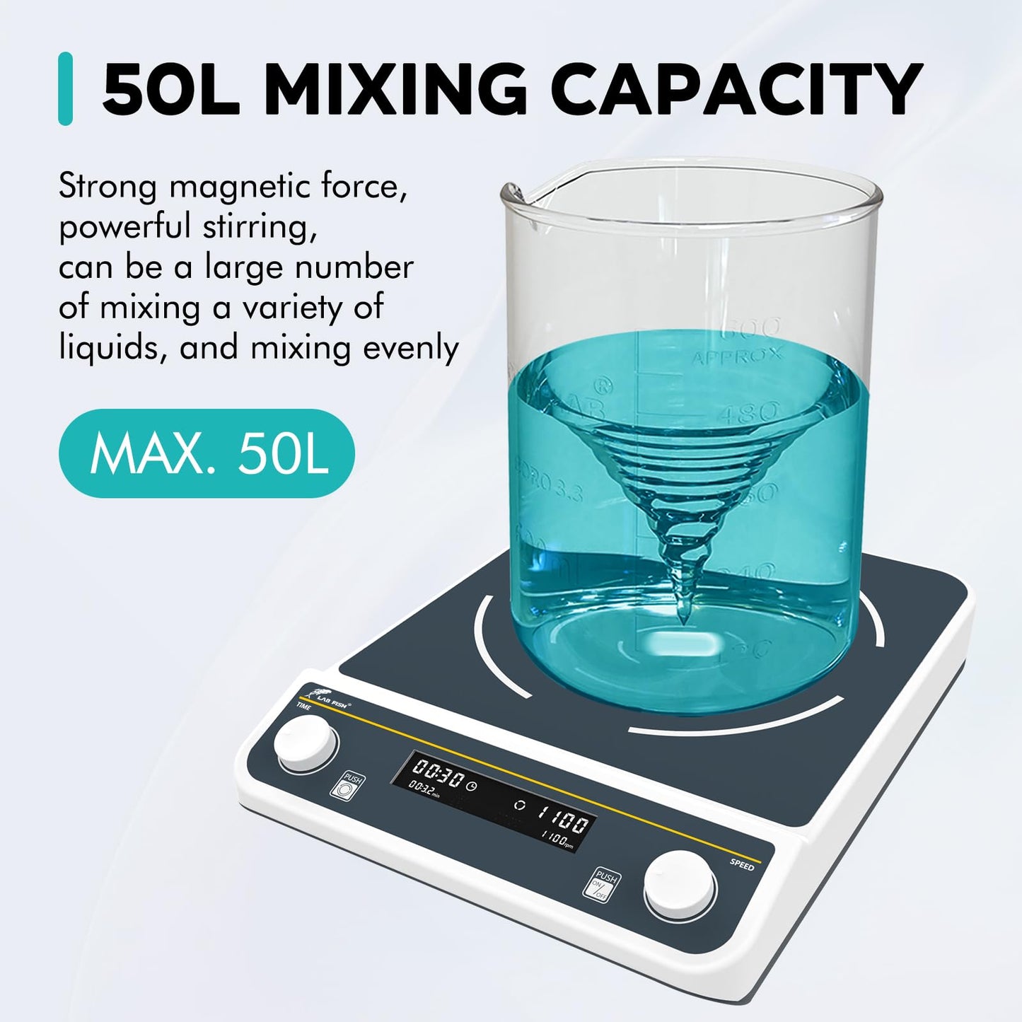 LAB FISH Digital 50L Magnetic Stirrer (50000ML) Large Capacity 1100PRM Magnetic Mixer 13"X13" Stir Plate W/Timer for Lab