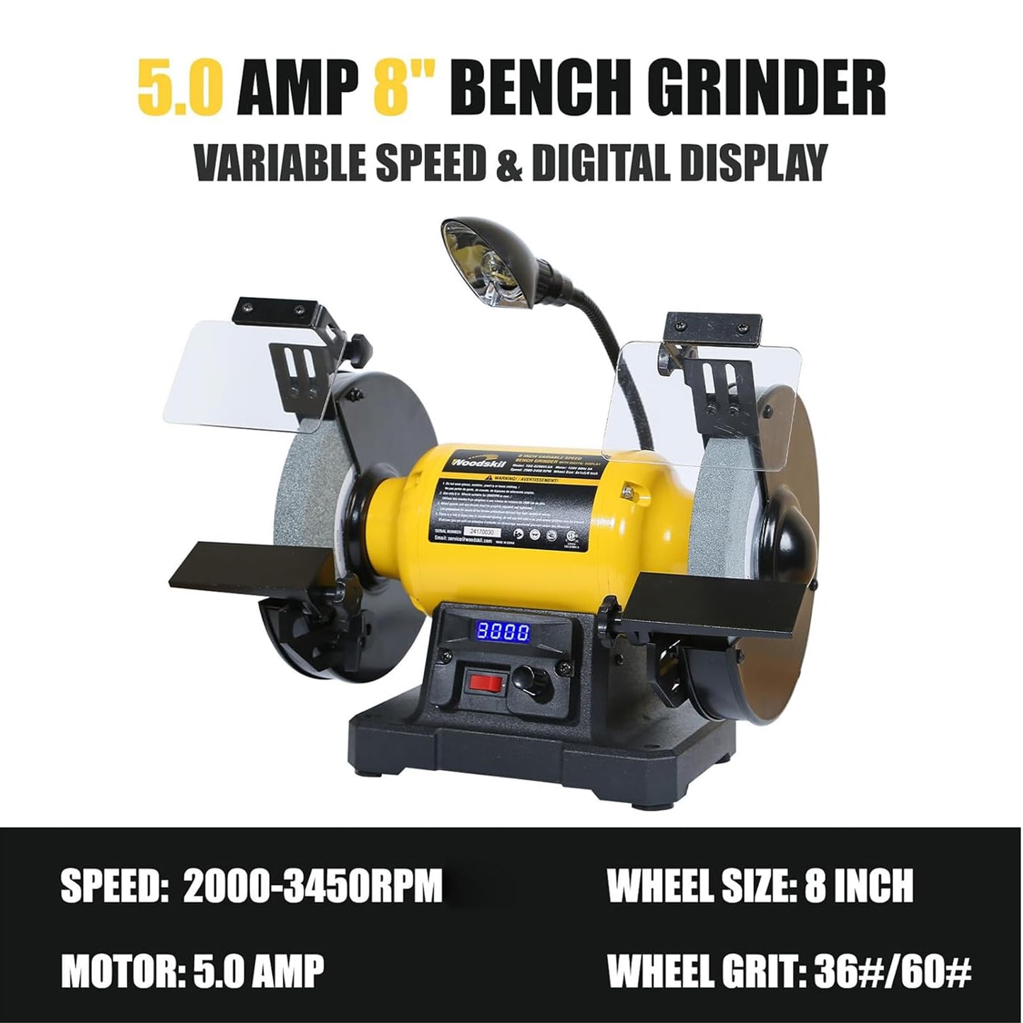 Digital Display 8 Inch Variable Speed Bench Grinder, 3/4HP 5.0 Amp Power Bench Grinder with Work Light, Adjustable Tool Rest and Cast Iron Base for Knife, Chisel