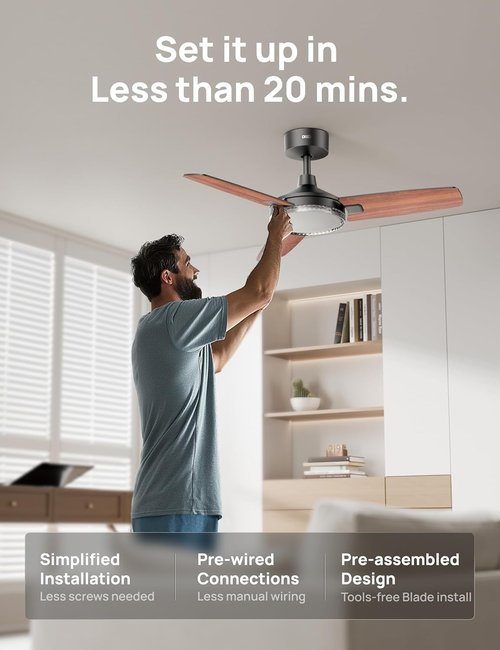 Dreo Smart Ceiling Fan - 42 Inch Black Design with 12 Speeds, Dimmable LED Light & Remote Control