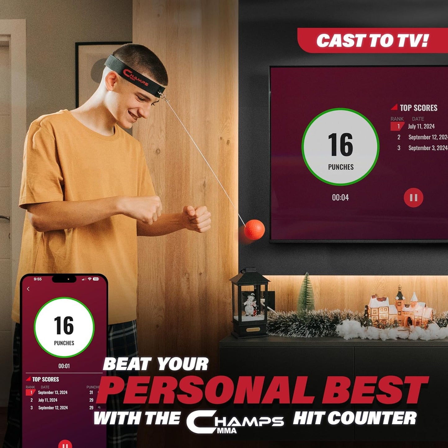 Champs MMA Boxing Reflex Ball Set with Punch Counter App– 4 Box Balls with Varying Weights, 2 Headbands and 4 Spare Strings to Improve Speed, Hand-Eye Coordination for Men, Reaction Ball Gift