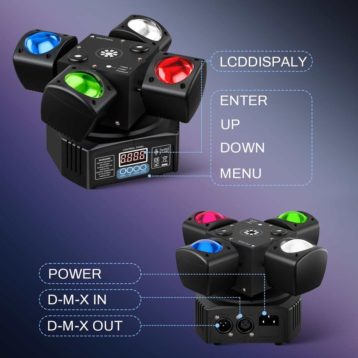 EYTSE Moving Head DJ Lights, 4-in-1 RGBW with DMX-512 & Sound Activated, Stage Light with Red Green Starry, White & Amber Strobe, Perfect Stage Lights for Party Disco Club Wedding Bar