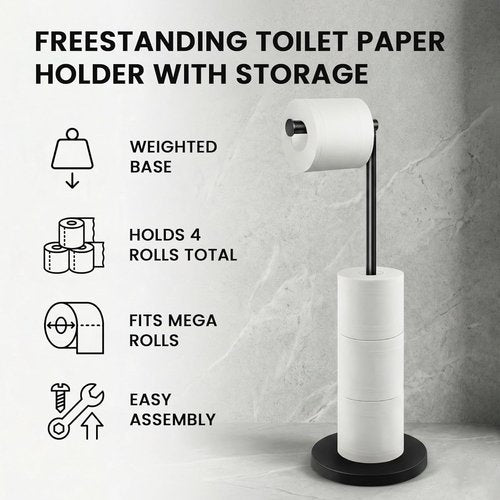Cesun Toilet Paper Holder - Free Standing Matte Black Design with Heavy Weighted Base | Stainless Steel Storage