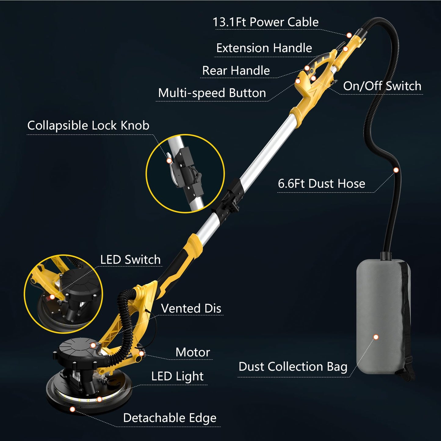 1250W Drywall Sander, 11.5A Electric Drywall Sander with Vacuum Dust Collector, 800-1800RPM 5 Variable Speed, Popcorn Ceiling Removal Tool with Extendable Handle, LED Light, 18x Sanding Discs