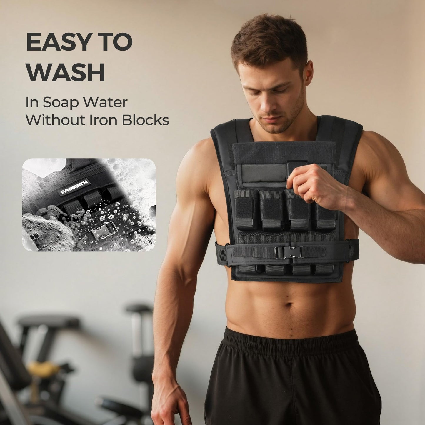 PACEARTH Adjustable Weighted Vest for Men, PACEARTH Heavy Duty Weight Vest with 20 Adjustable Iron Blocks for Hardcore Strength Training, Crossfit, and Running, Black, 44LBS