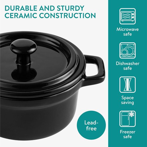 Navaris Mini Cocotte Casserole Dish Set - Oven-Proof with Lid - Easy Clean | 4 x 8 oz (237 ml) - Black