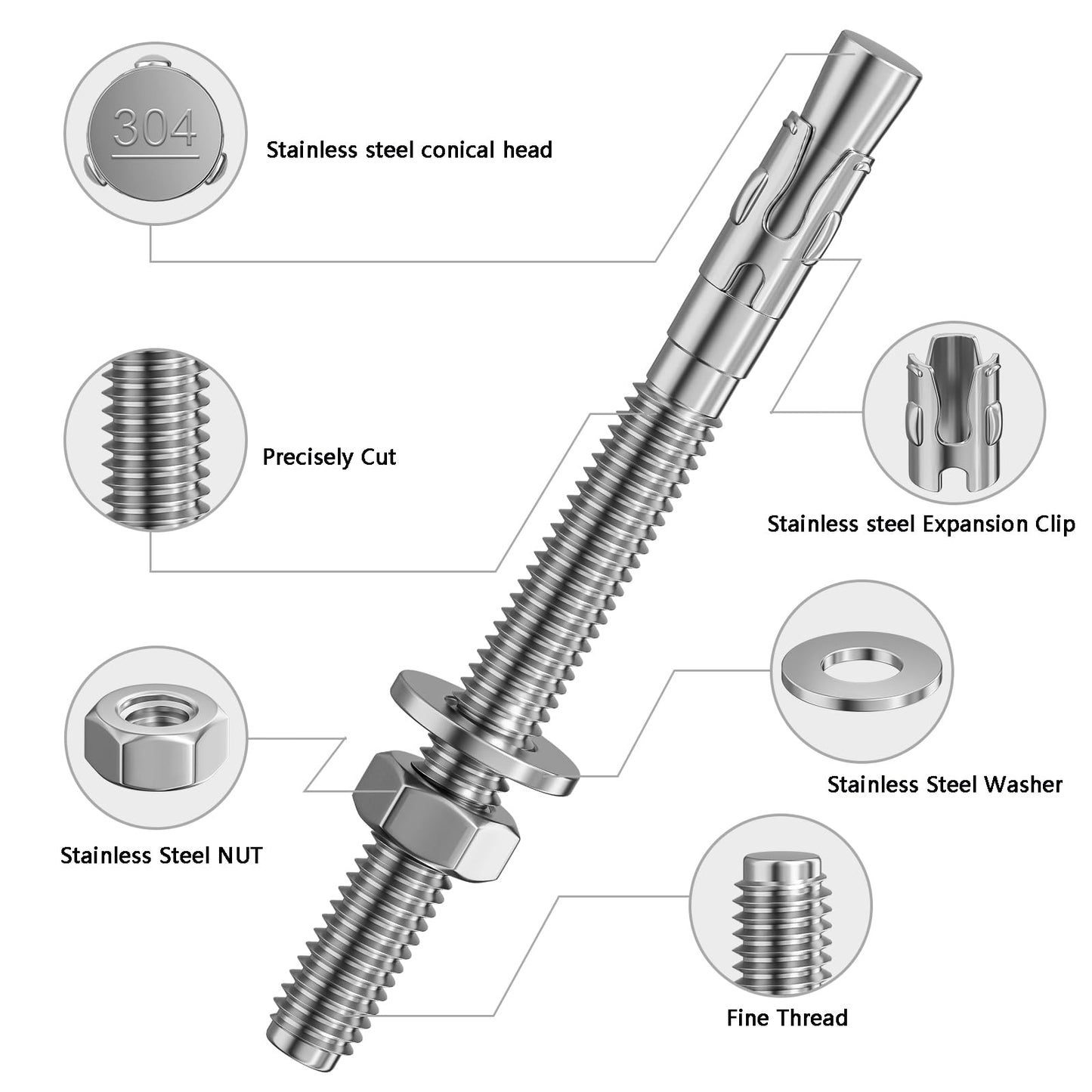 Wensilon 30Pcs 1/2x6 Inch Standard Fasteners for Heavy-Duty 304 Stainless Steel Wedge Anchors for Cement and Concrete