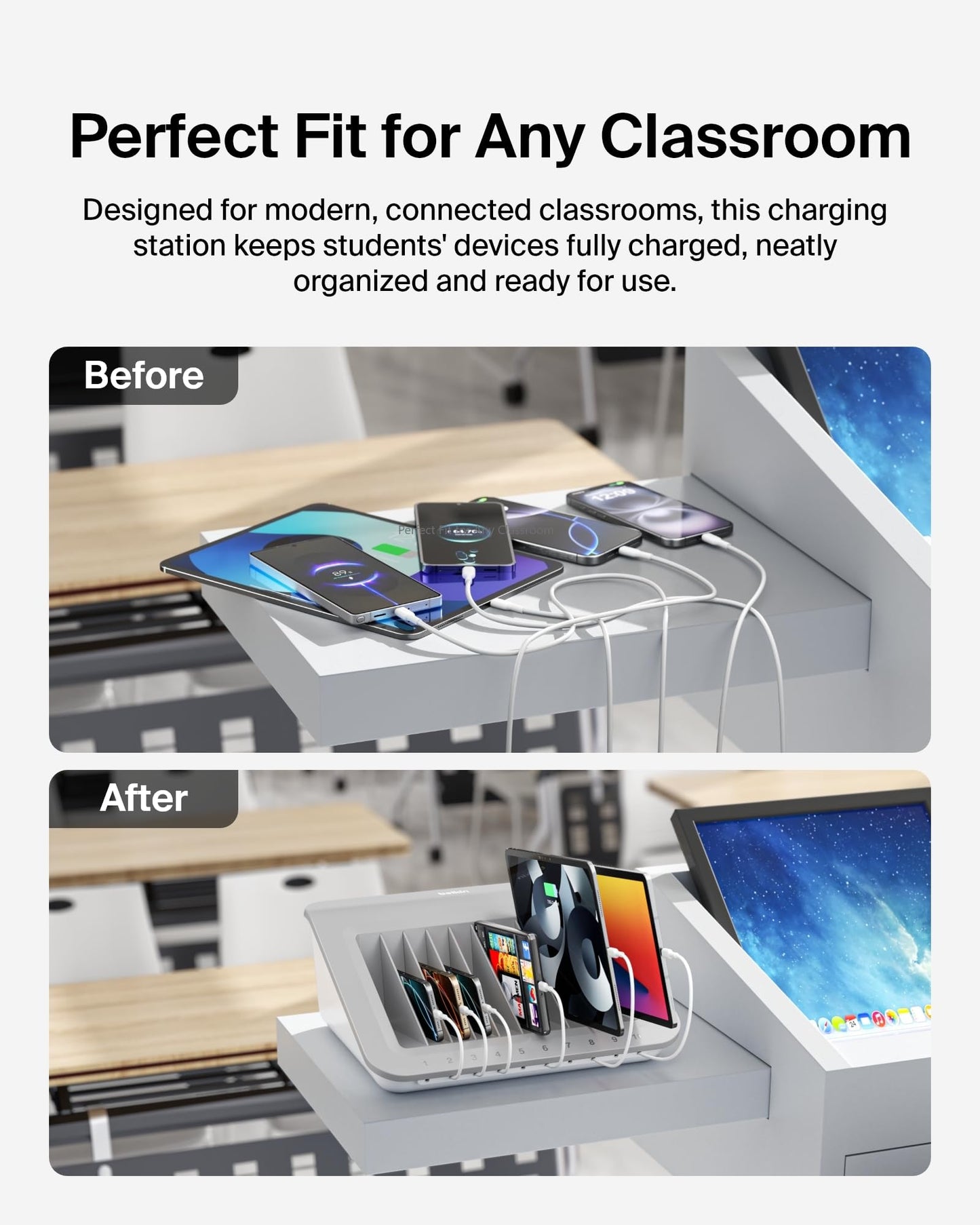 Belkin Charging Station For Laptops with Surge Protector - 10 Device USB Charging Dock for Tablets, Laptops, Chromebooks – Cable Management for Classrooms, Offices, Tech Labs, Shared Spaces, & More